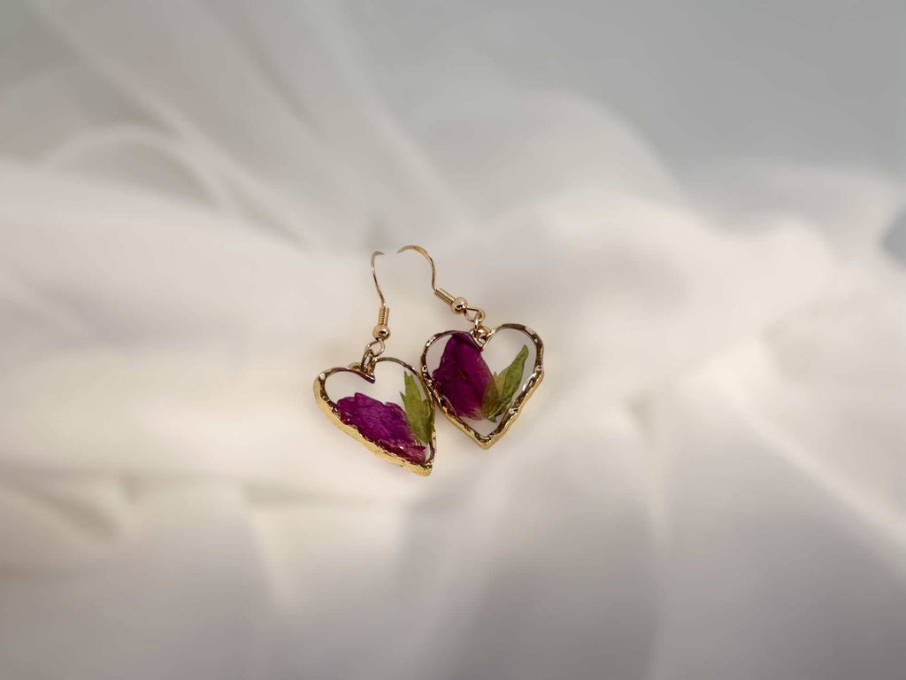 Rose Garden Hearts – Handmade Real Rose Petal & Botanical Earrings