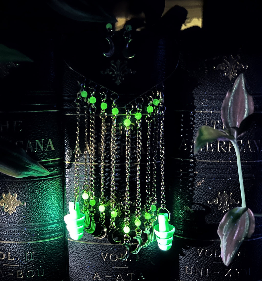 Moons Czech Uranium Glass Earplug Ear Cuffs with moon Charms - Celestial Sensory Jewelry for Sound Sensitivity