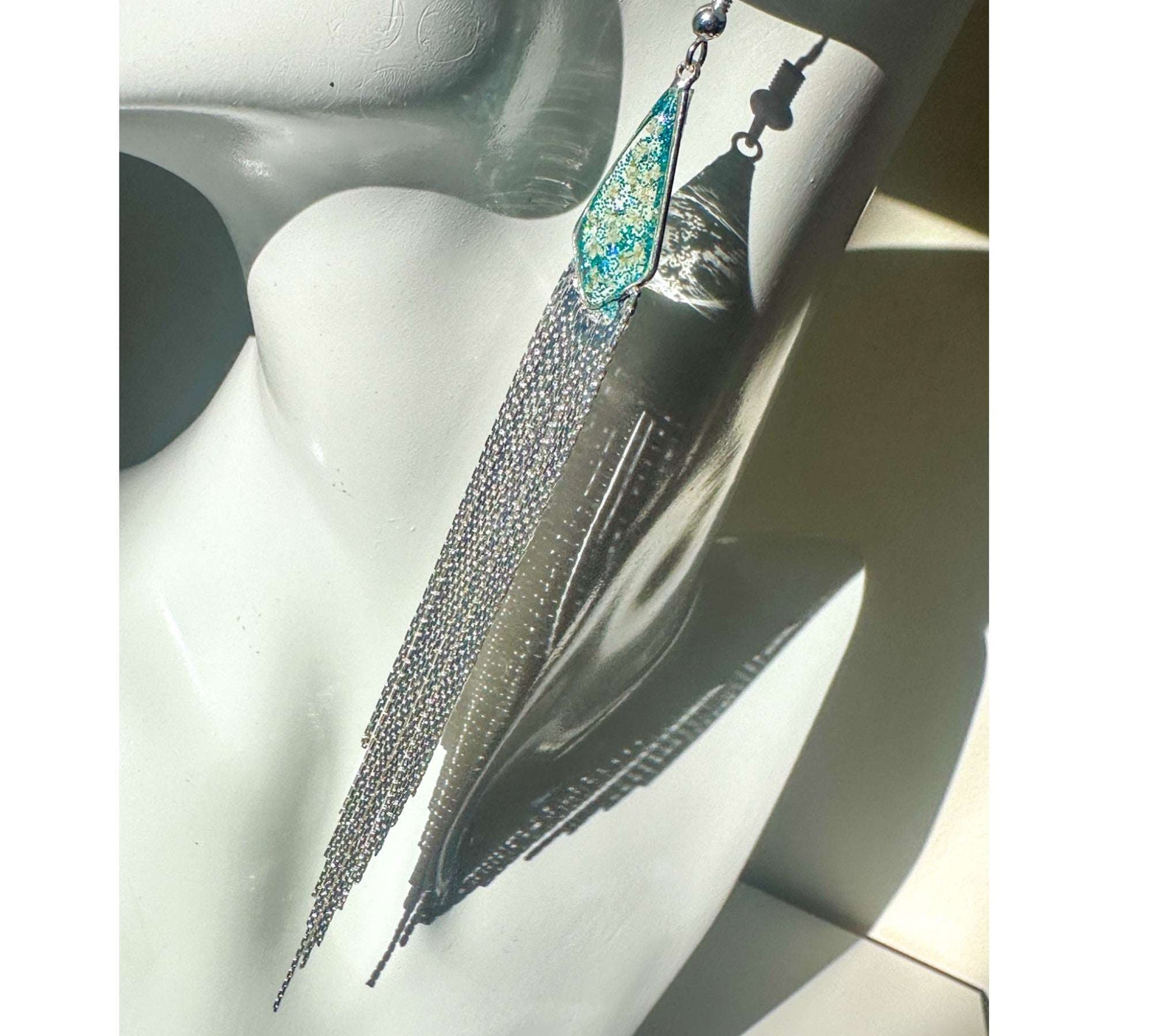 Blooming Tassel Long Chain Dangle Earrings - Handmade Pressed Flowers