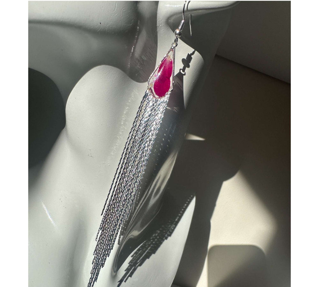 Blooming Tassel Long Chain Dangle Earrings - Handmade Pressed Flowers