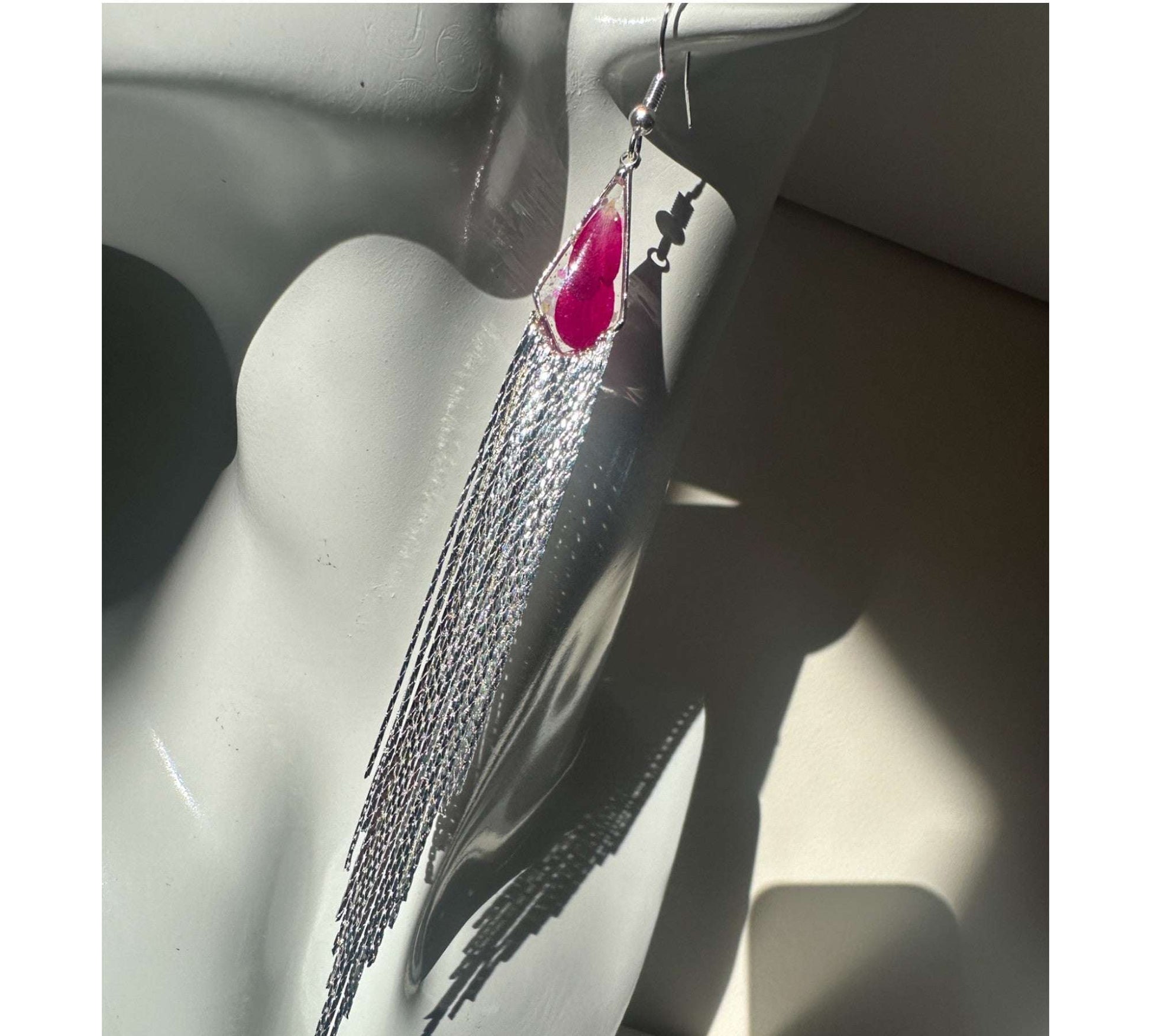 Blooming Tassel Long Chain Dangle Earrings - Handmade Pressed Flowers