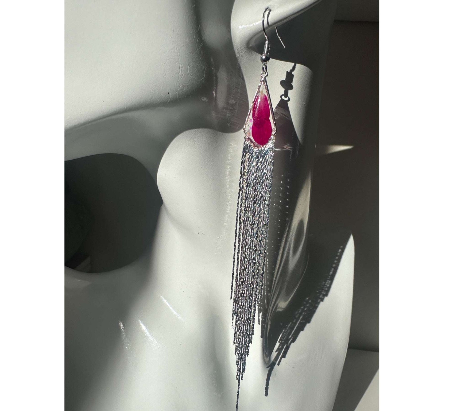 Blooming Tassel Long Chain Dangle Earrings - Handmade Pressed Flowers