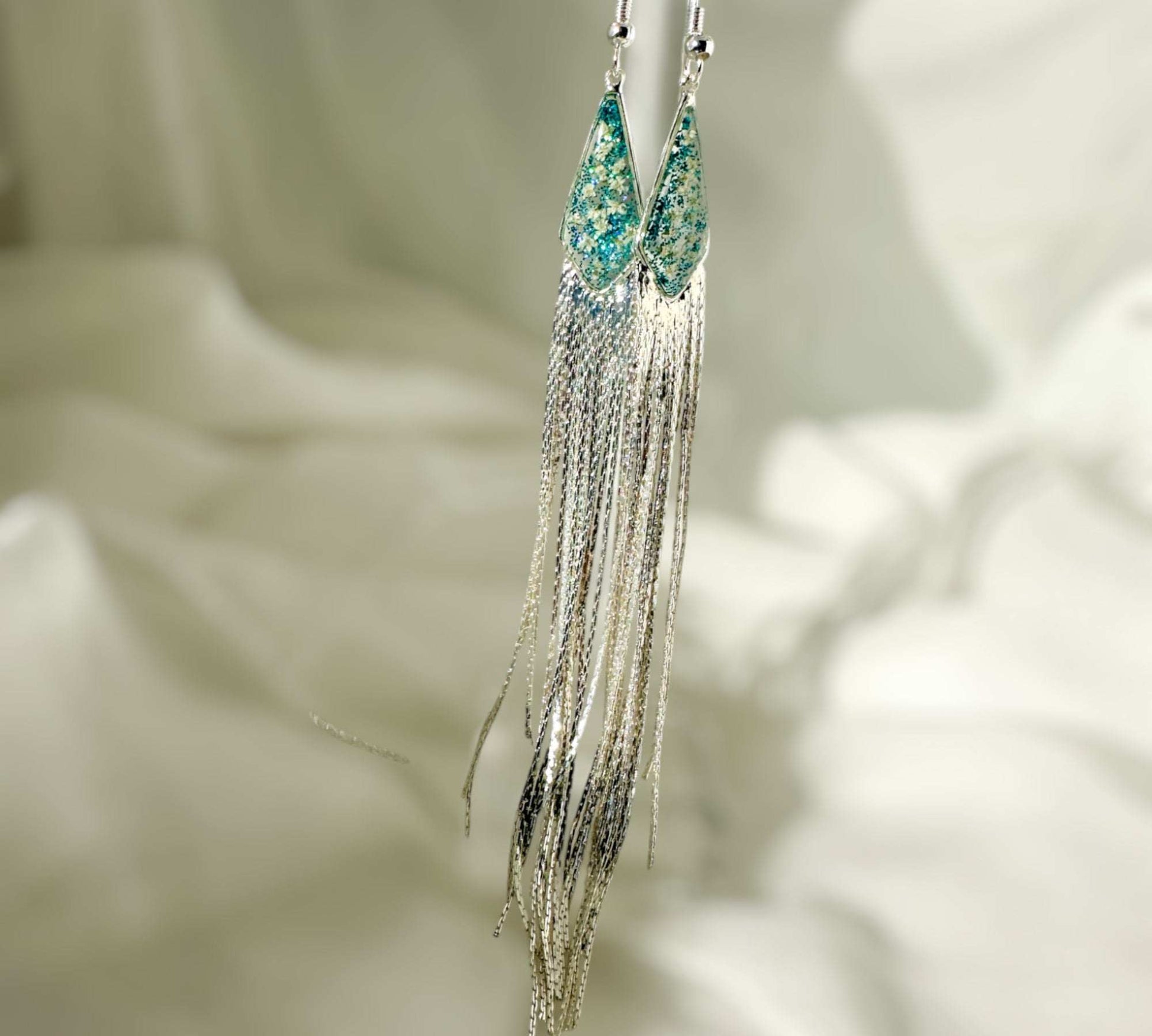 Blooming Tassel Long Chain Dangle Earrings - Handmade Pressed Flowers