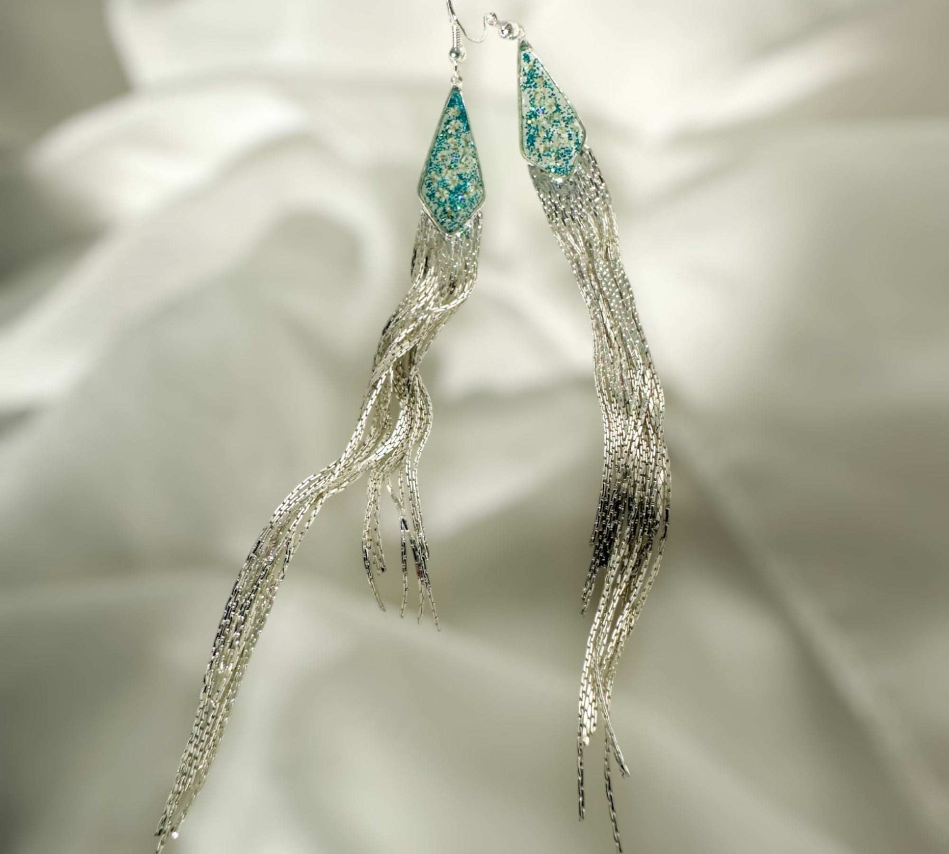 Blooming Tassel Long Chain Dangle Earrings - Handmade Pressed Flowers