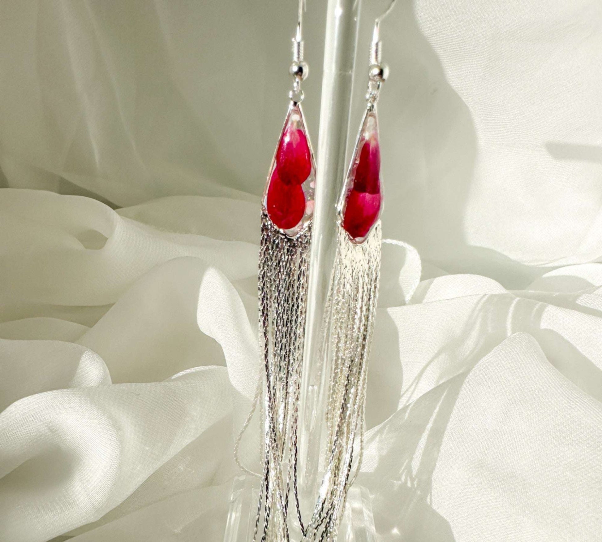 Blooming Tassel Long Chain Dangle Earrings - Handmade Pressed Flowers