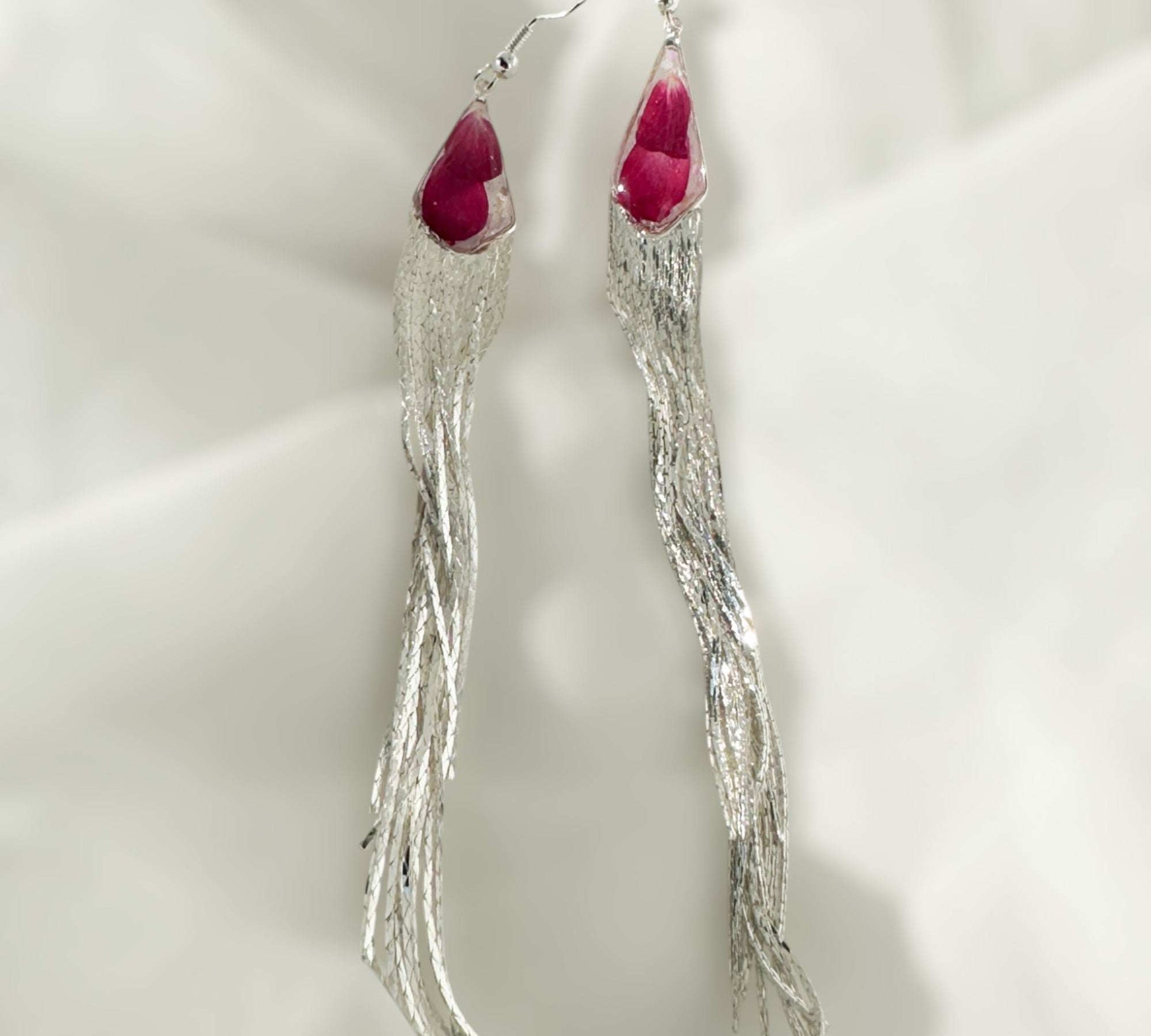 Blooming Tassel Long Chain Dangle Earrings - Handmade Pressed Flowers