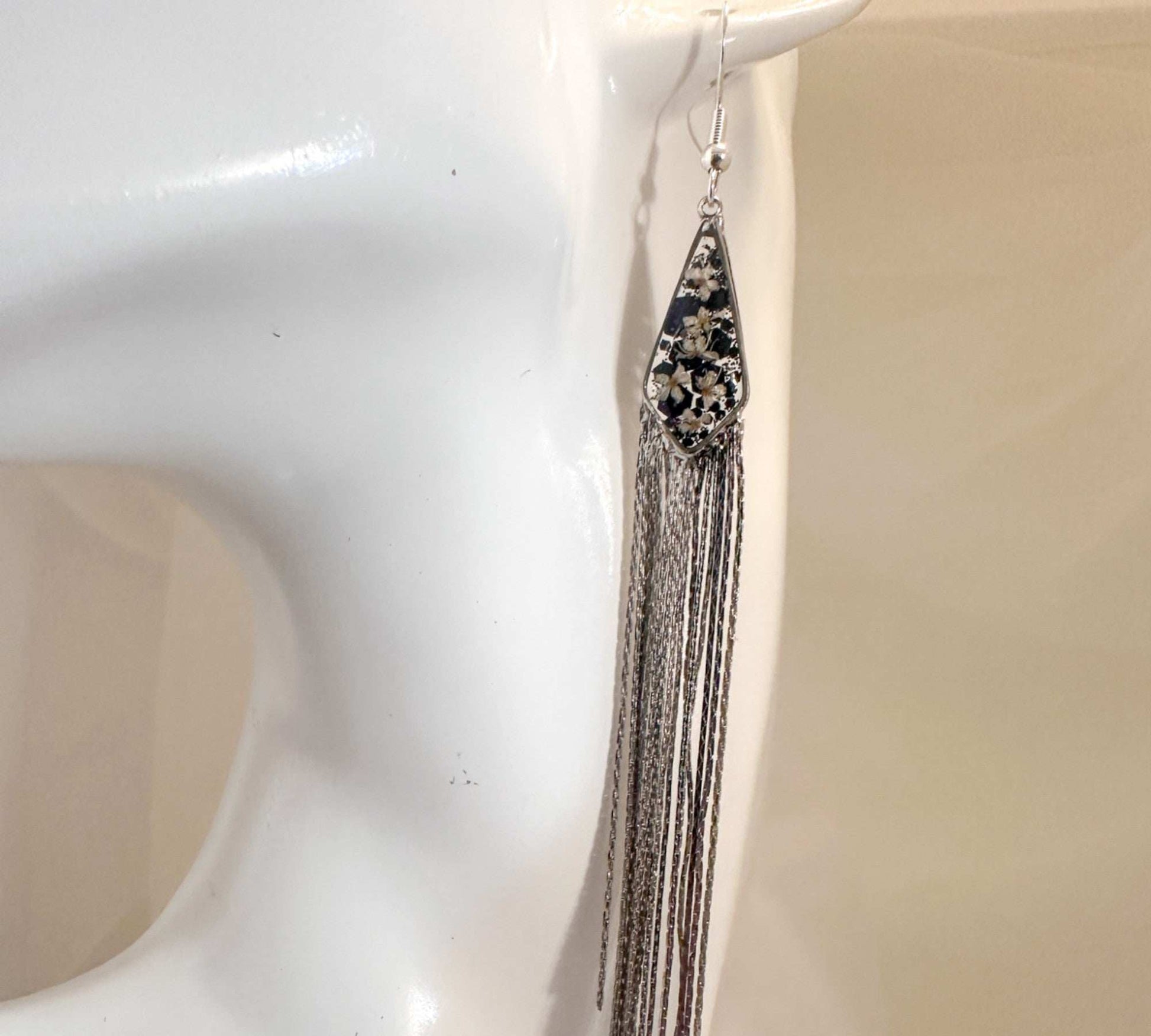 Blooming Tassel Long Chain Dangle Earrings - Handmade Pressed Flowers
