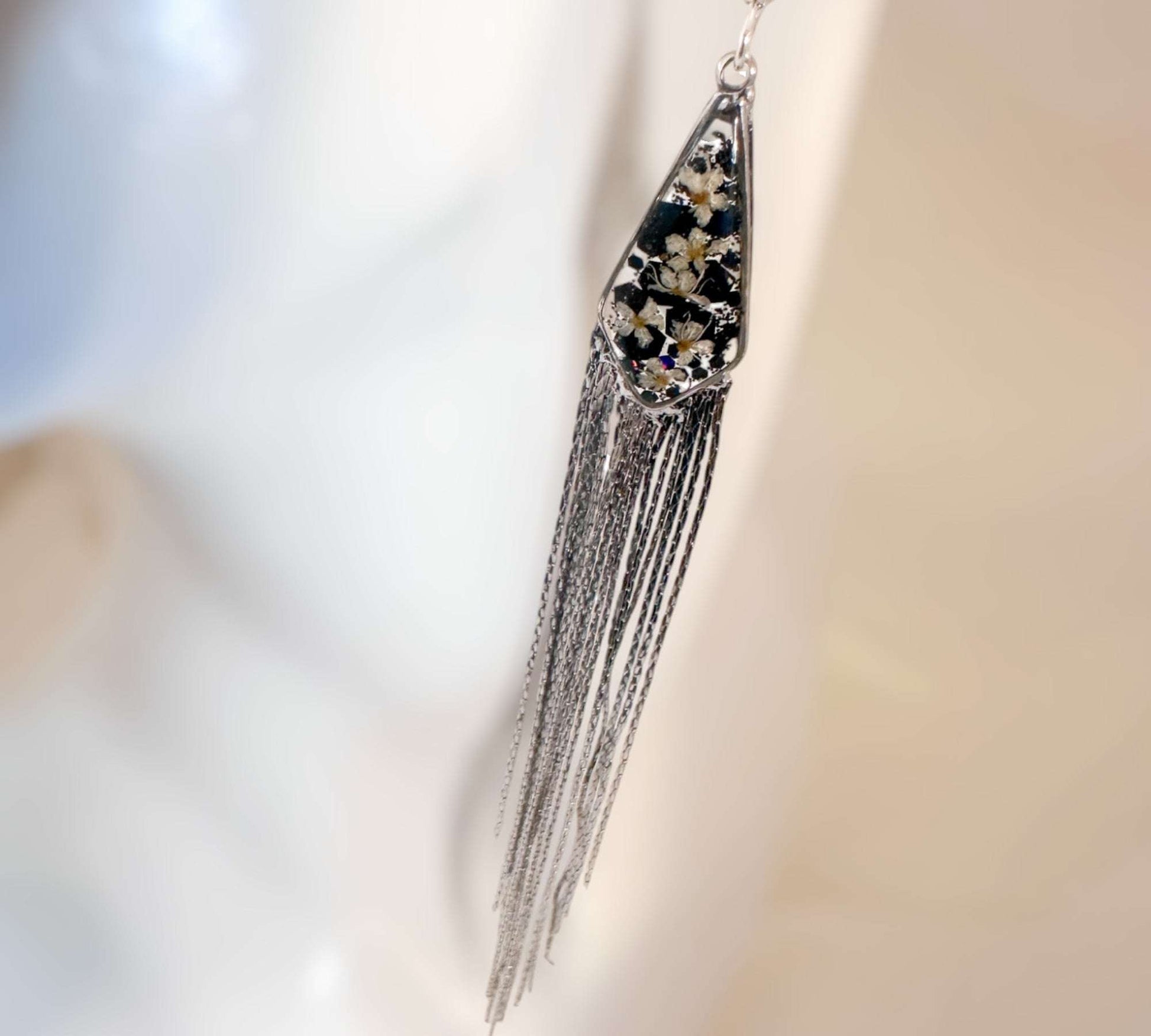Blooming Tassel Long Chain Dangle Earrings - Handmade Pressed Flowers