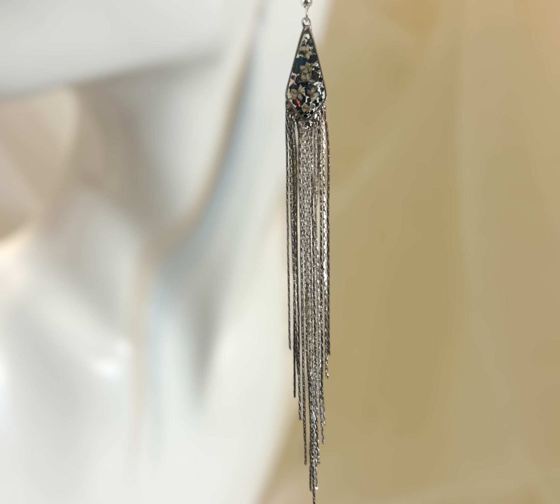 Blooming Tassel Long Chain Dangle Earrings - Handmade Pressed Flowers