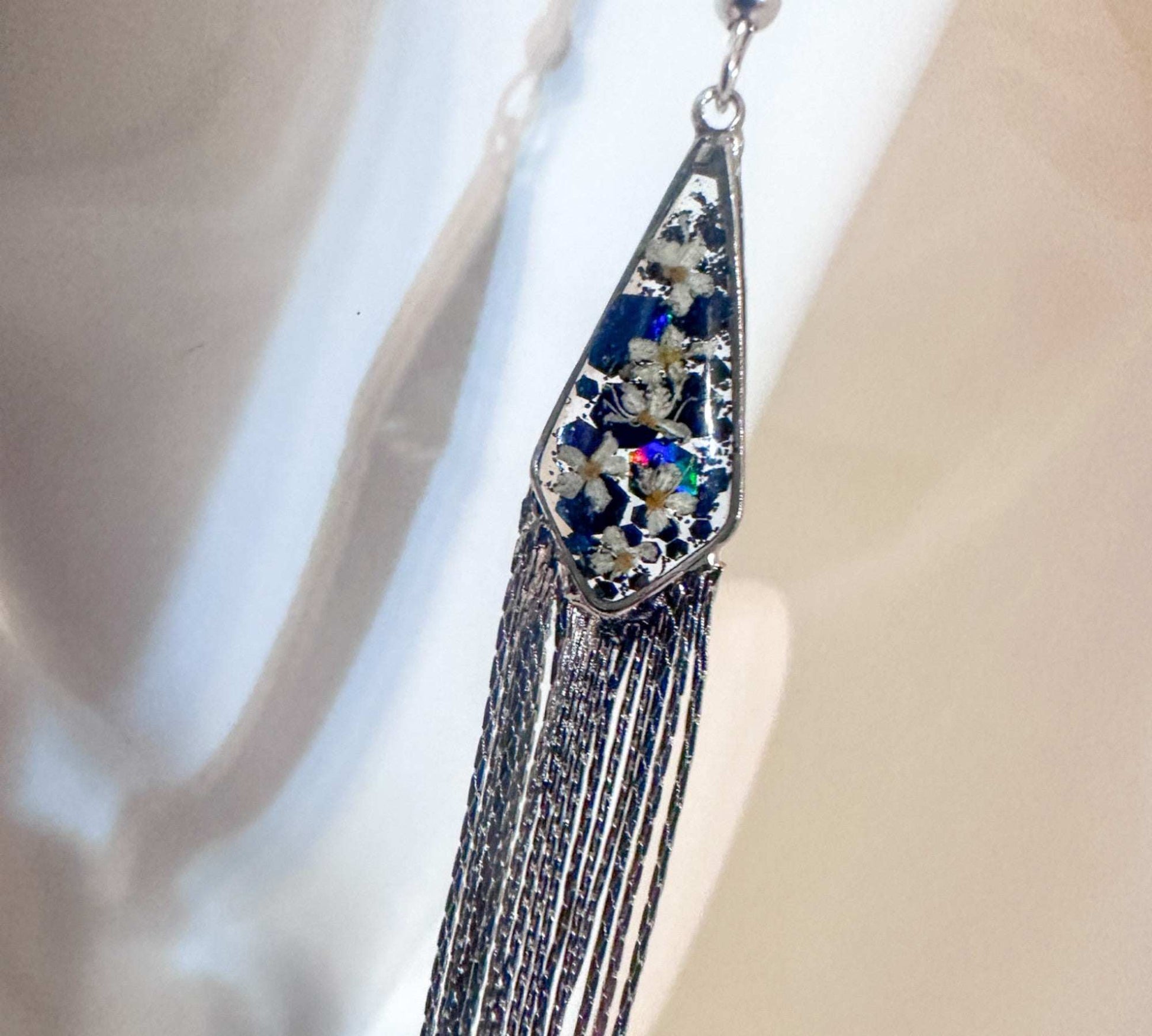 Blooming Tassel Long Chain Dangle Earrings - Handmade Pressed Flowers
