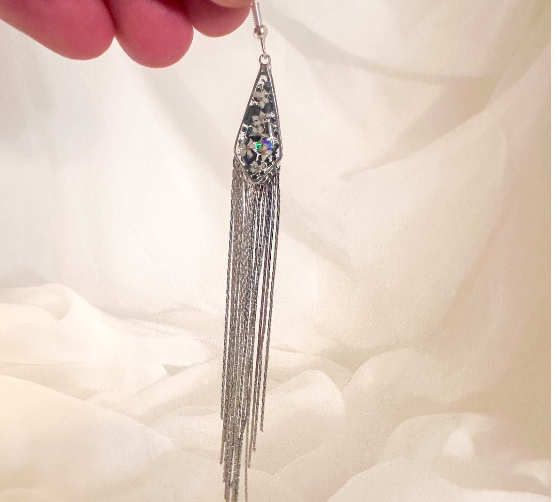 Blooming Tassel Long Chain Dangle Earrings - Handmade Pressed Flowers
