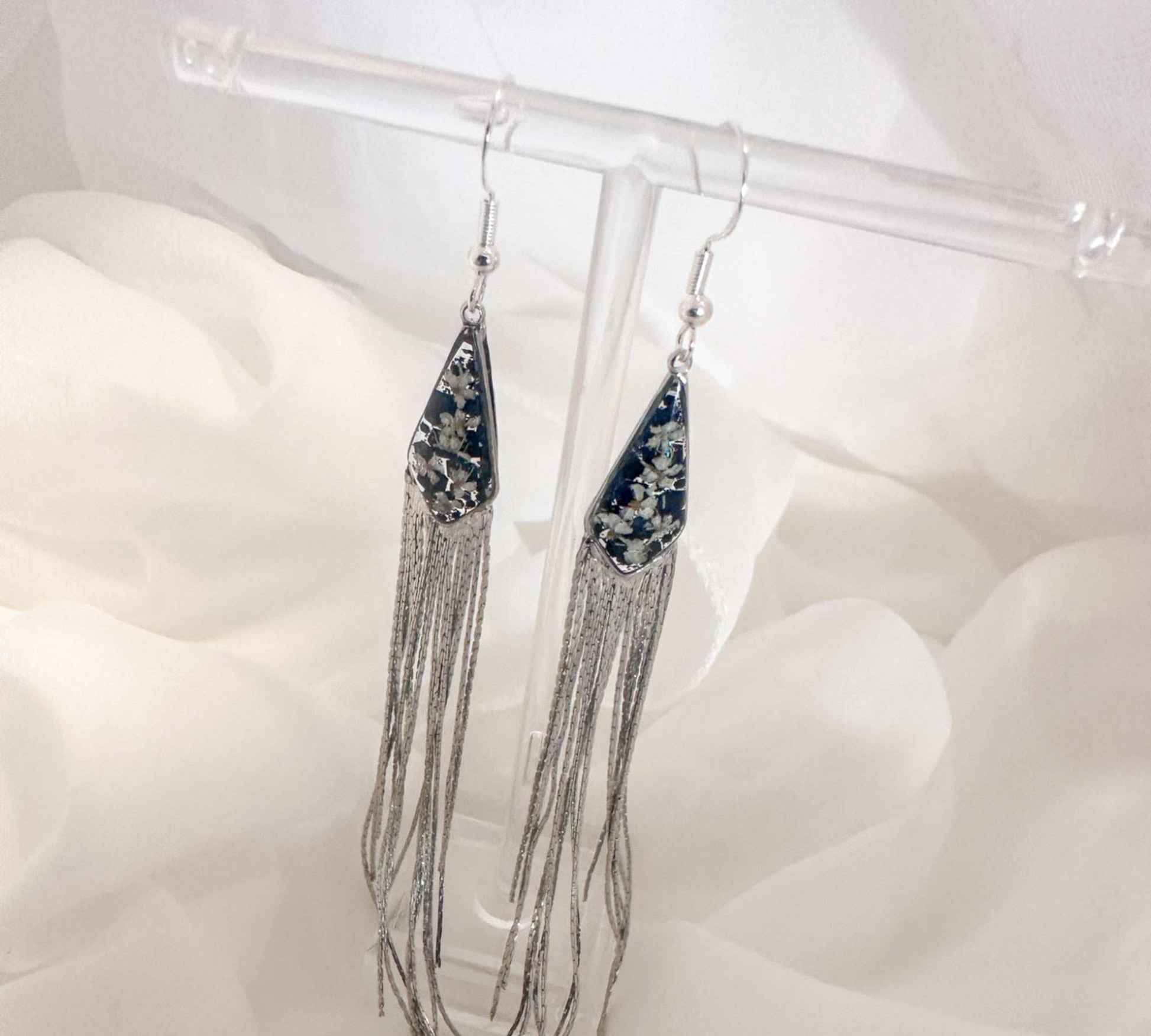 Blooming Tassel Long Chain Dangle Earrings - Handmade Pressed Flowers