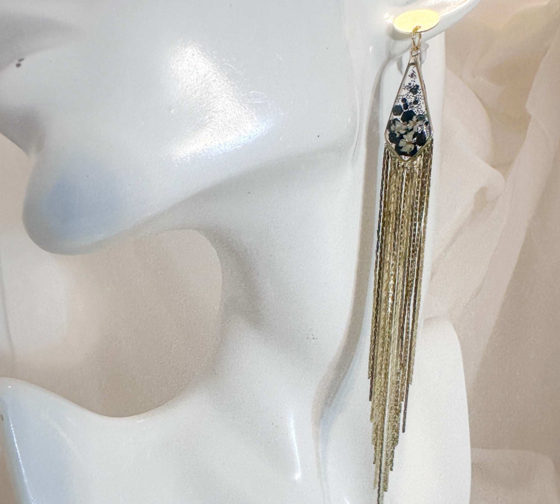 Blooming Tassel Long Chain Dangle Earrings - Handmade Pressed Flowers