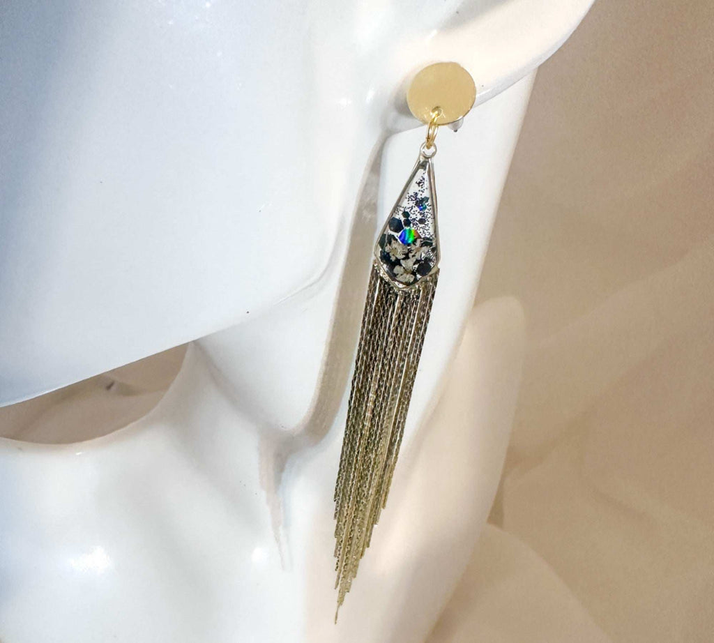 Blooming Tassel Long Chain Dangle Earrings - Handmade Pressed Flowers
