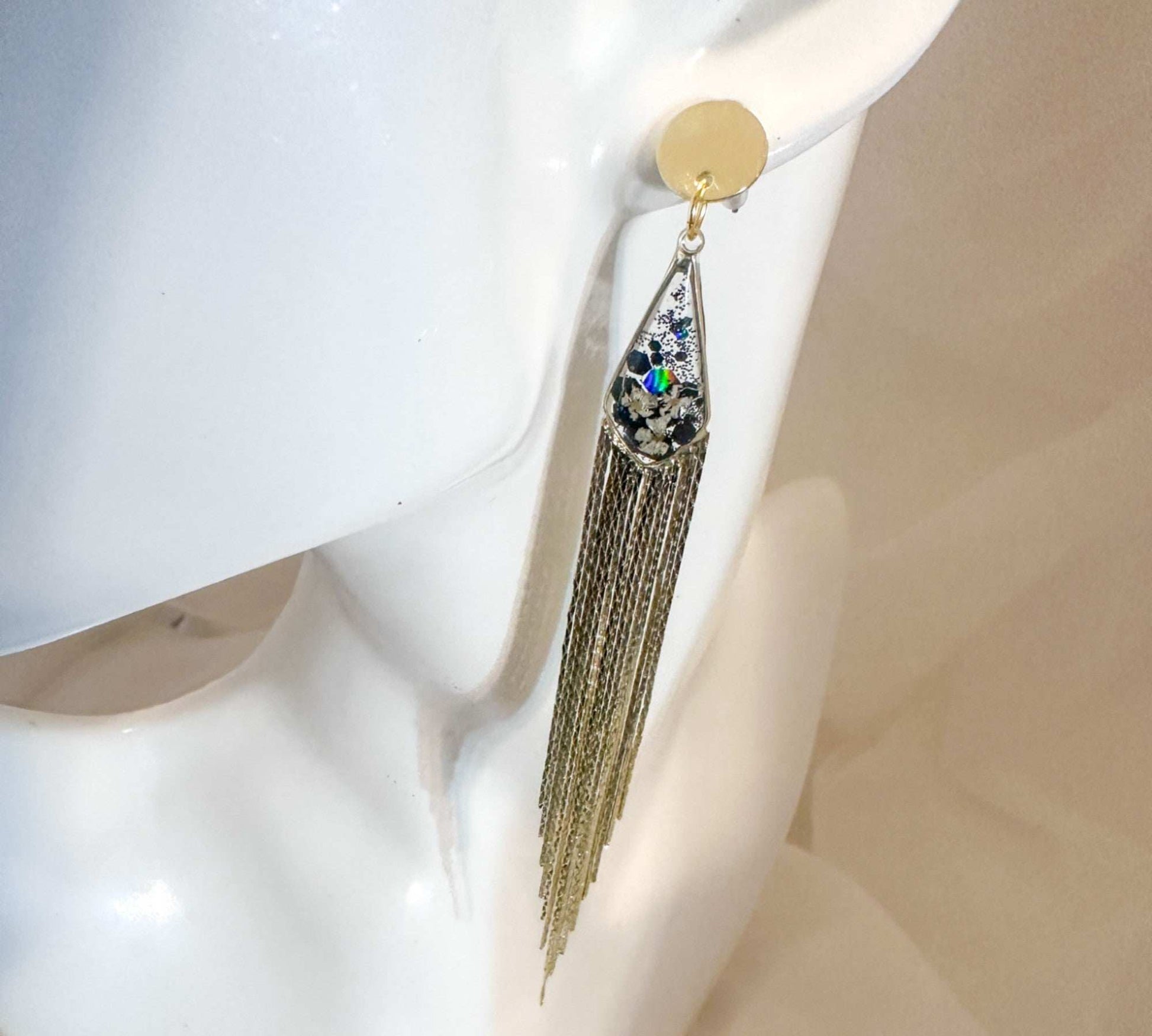 Blooming Tassel Long Chain Dangle Earrings - Handmade Pressed Flowers