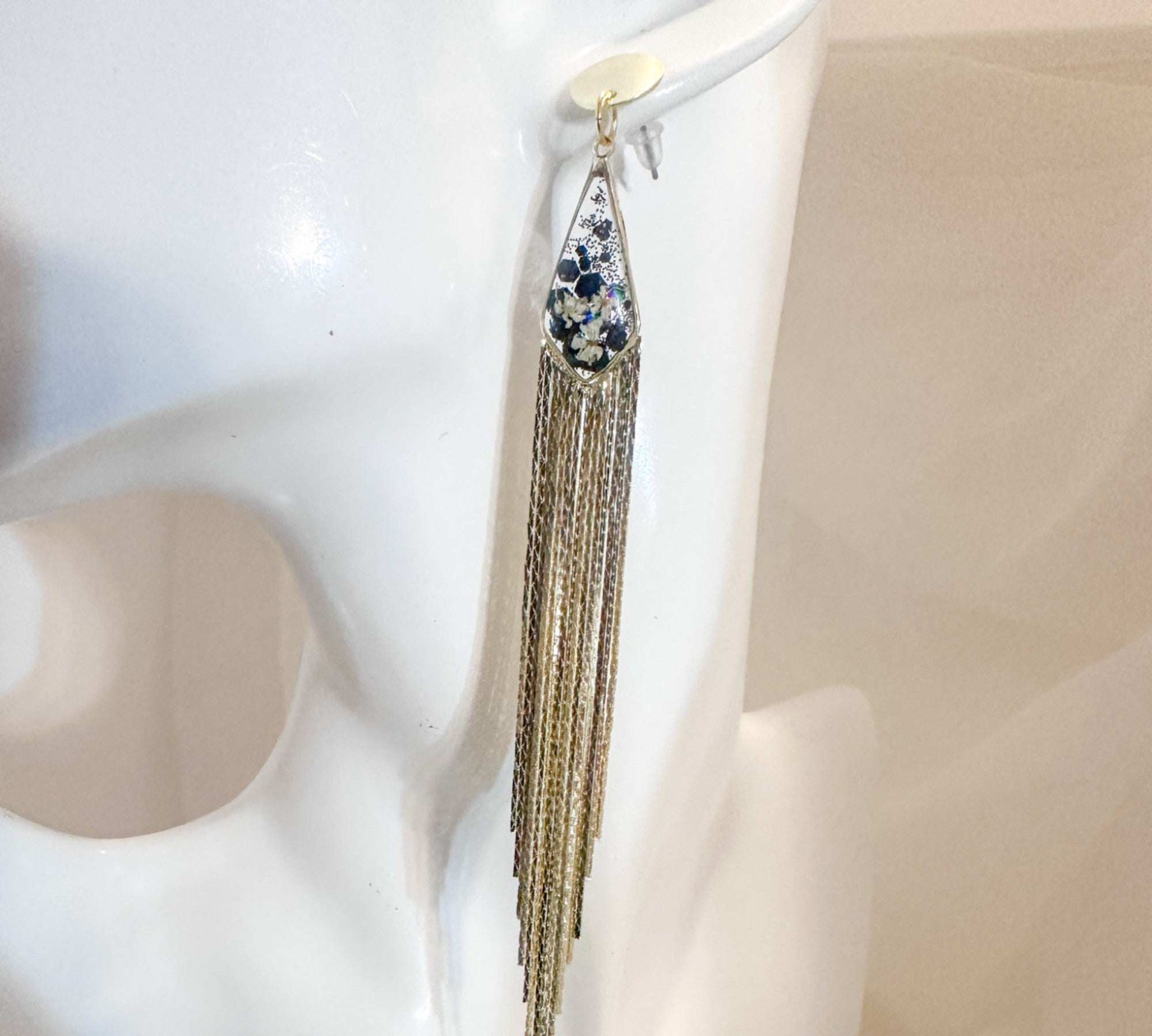 Blooming Tassel Long Chain Dangle Earrings - Handmade Pressed Flowers