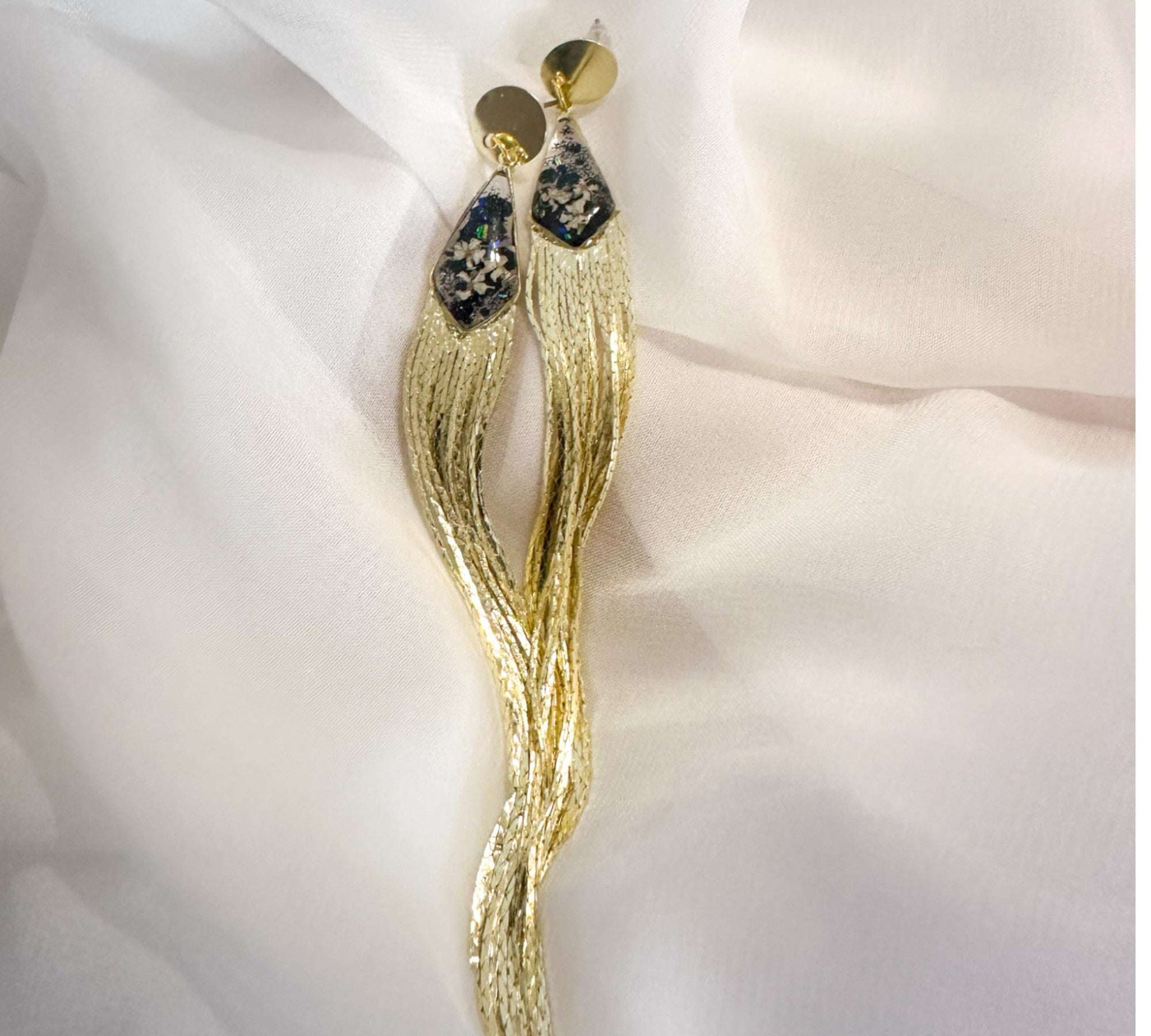 Blooming Tassel Long Chain Dangle Earrings - Handmade Pressed Flowers