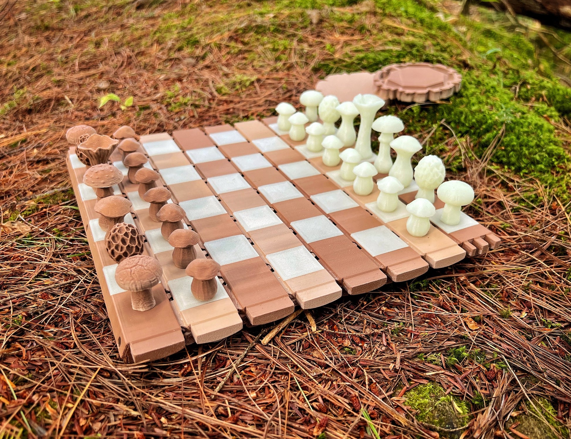 Wood Log Chess Board with Mushroom Chess Set Pieces and Acorn Checkers: Glow in the Dark portable chess game