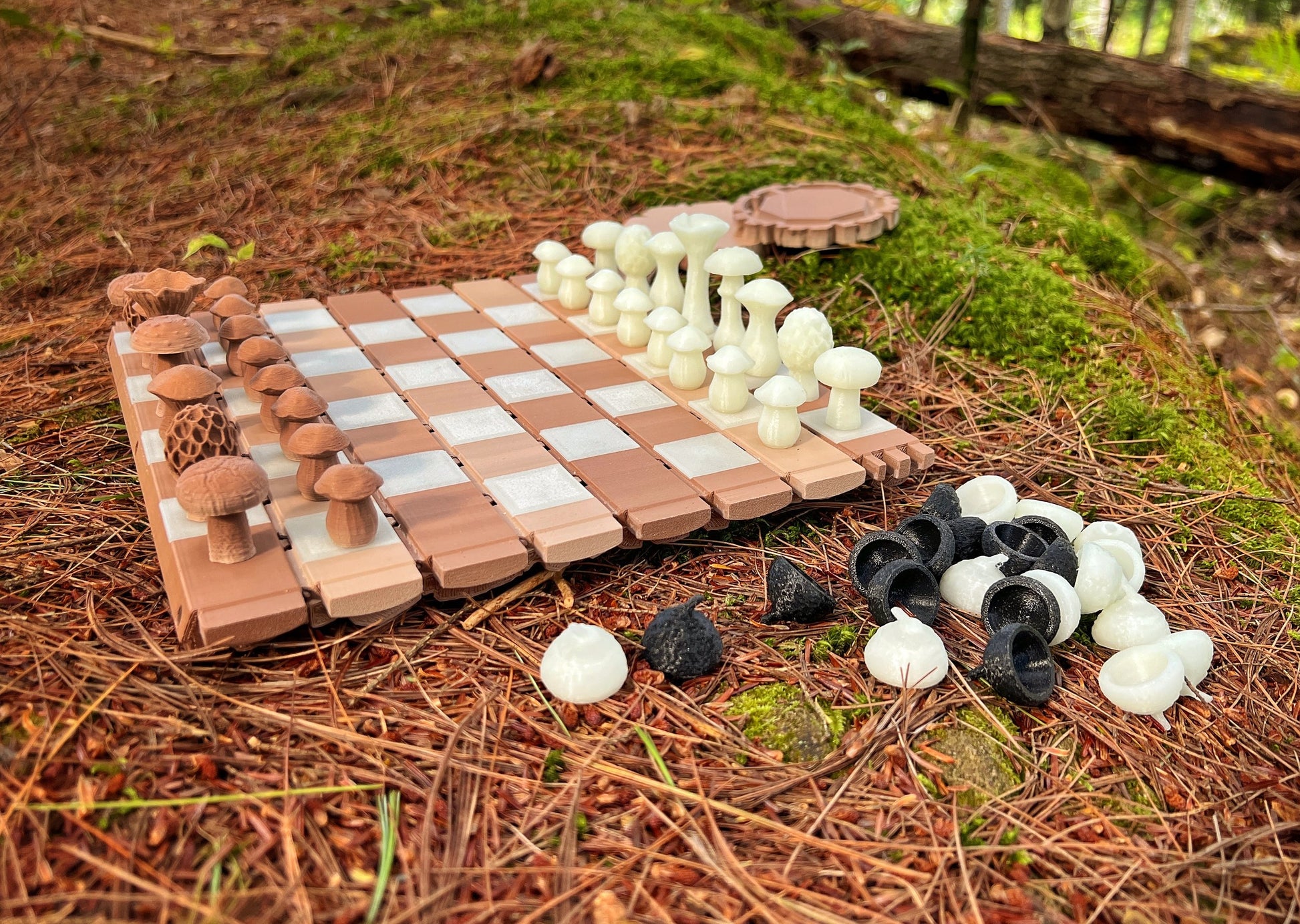 Wood Log Chess Board with Mushroom Chess Set Pieces and Acorn Checkers: Glow in the Dark portable chess game
