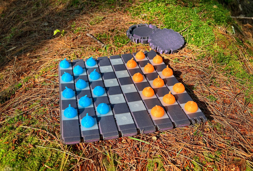 Shimmery Purple Wood Log Chess Board with Mushroom Chess Set Pieces and Acorn Checkers: Glow in the Dark portable chess game