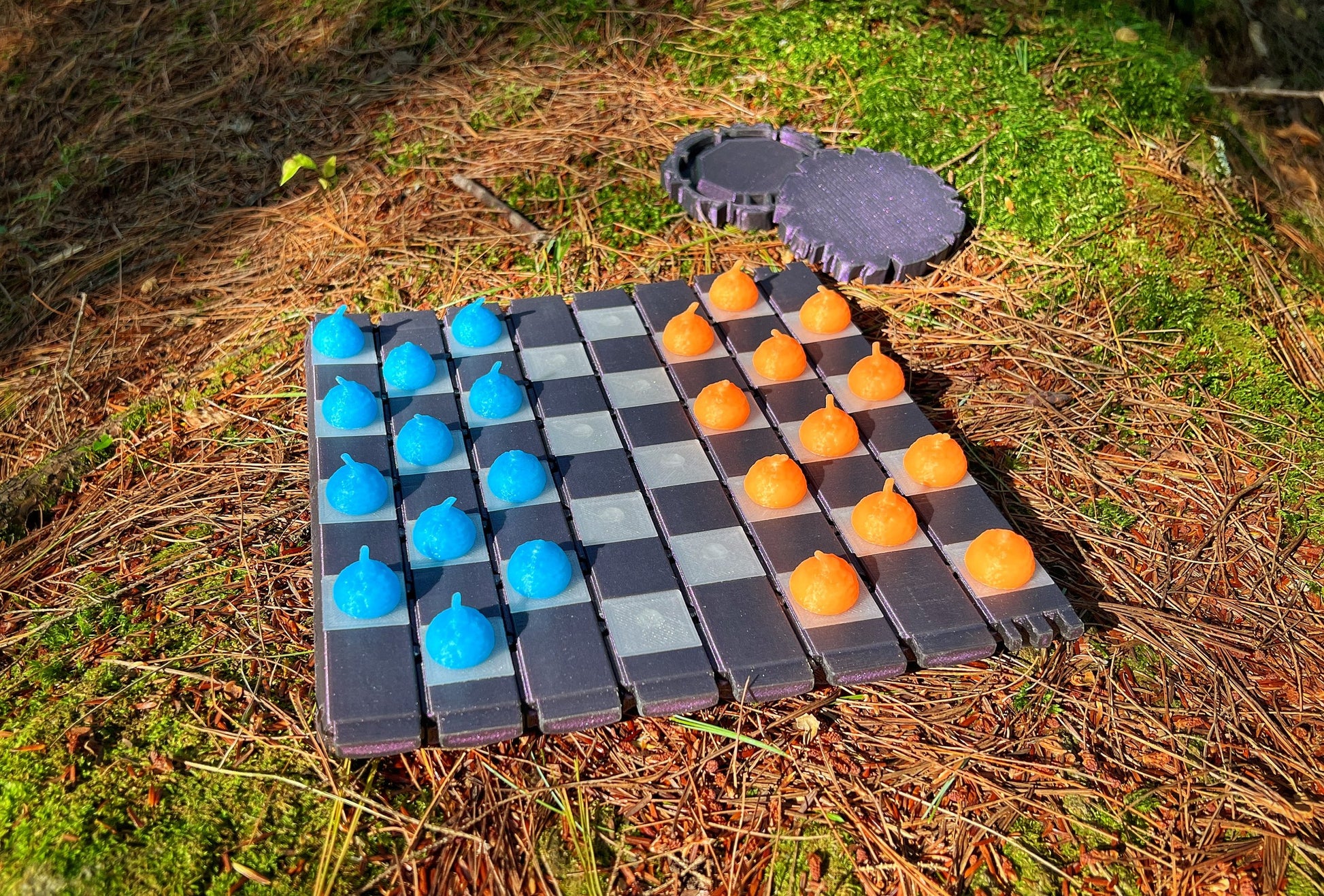 Shimmery Purple Wood Log Chess Board with Mushroom Chess Set Pieces and Acorn Checkers: Glow in the Dark portable chess game
