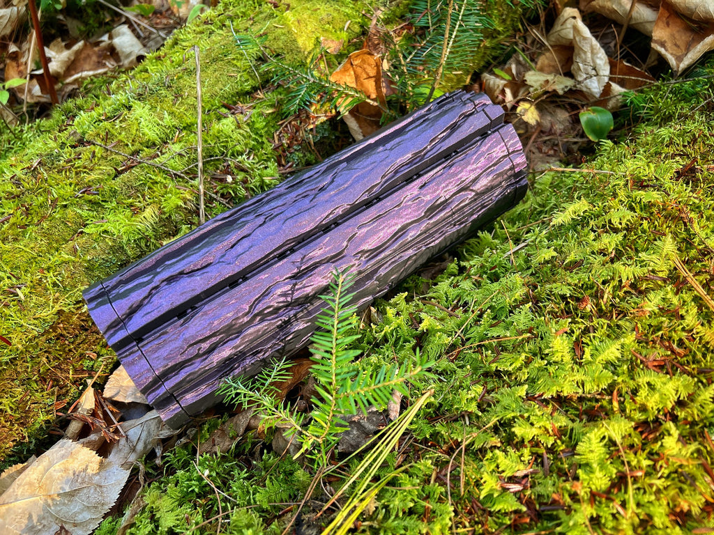 Shimmery Purple Wood Log Chess Board with Mushroom Chess Set Pieces and Acorn Checkers: Glow in the Dark portable chess game