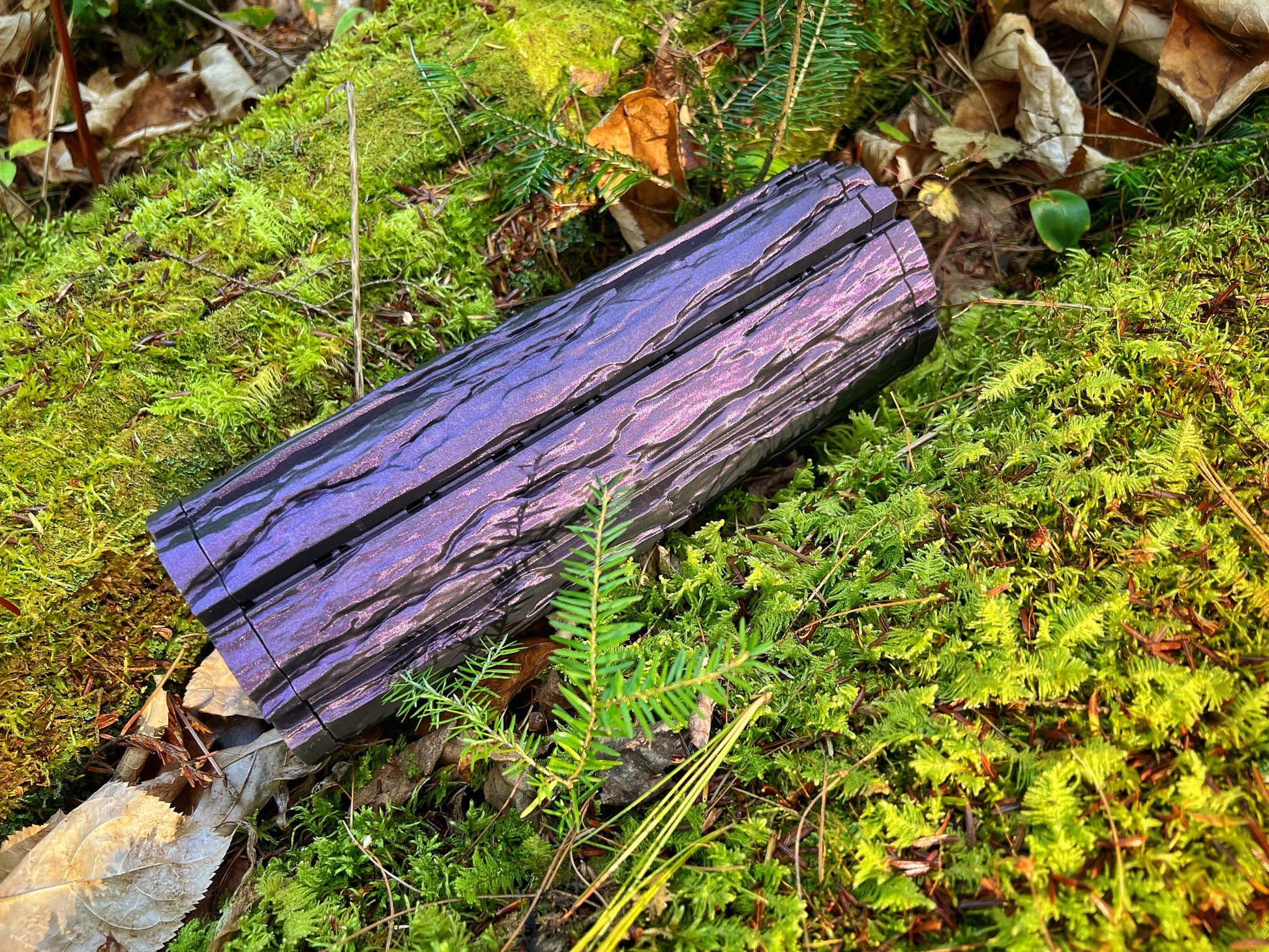 Shimmery Purple Wood Log Chess Board with Mushroom Chess Set Pieces and Acorn Checkers: Glow in the Dark portable chess game