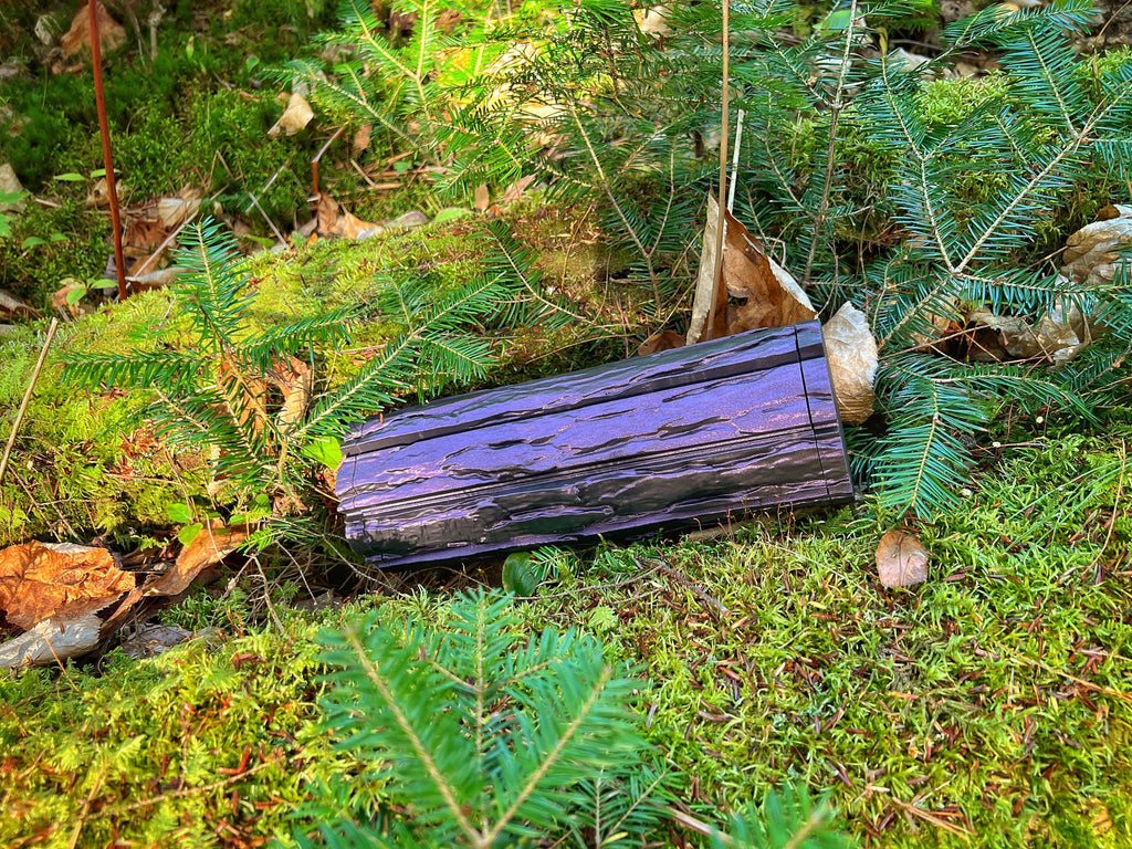 Shimmery Purple Wood Log Chess Board with Mushroom Chess Set Pieces and Acorn Checkers: Glow in the Dark portable chess game