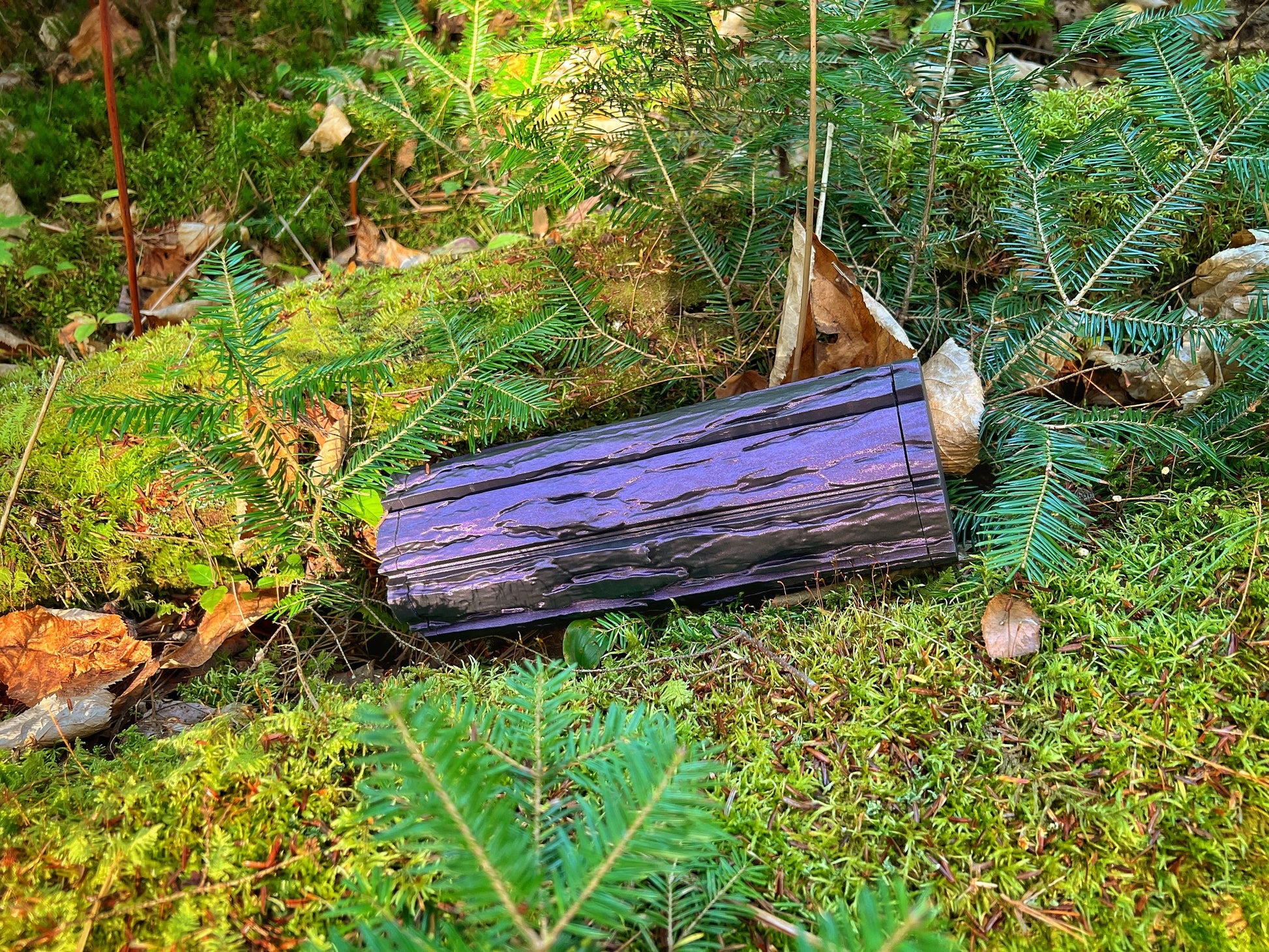 Shimmery Purple Wood Log Chess Board with Mushroom Chess Set Pieces and Acorn Checkers: Glow in the Dark portable chess game