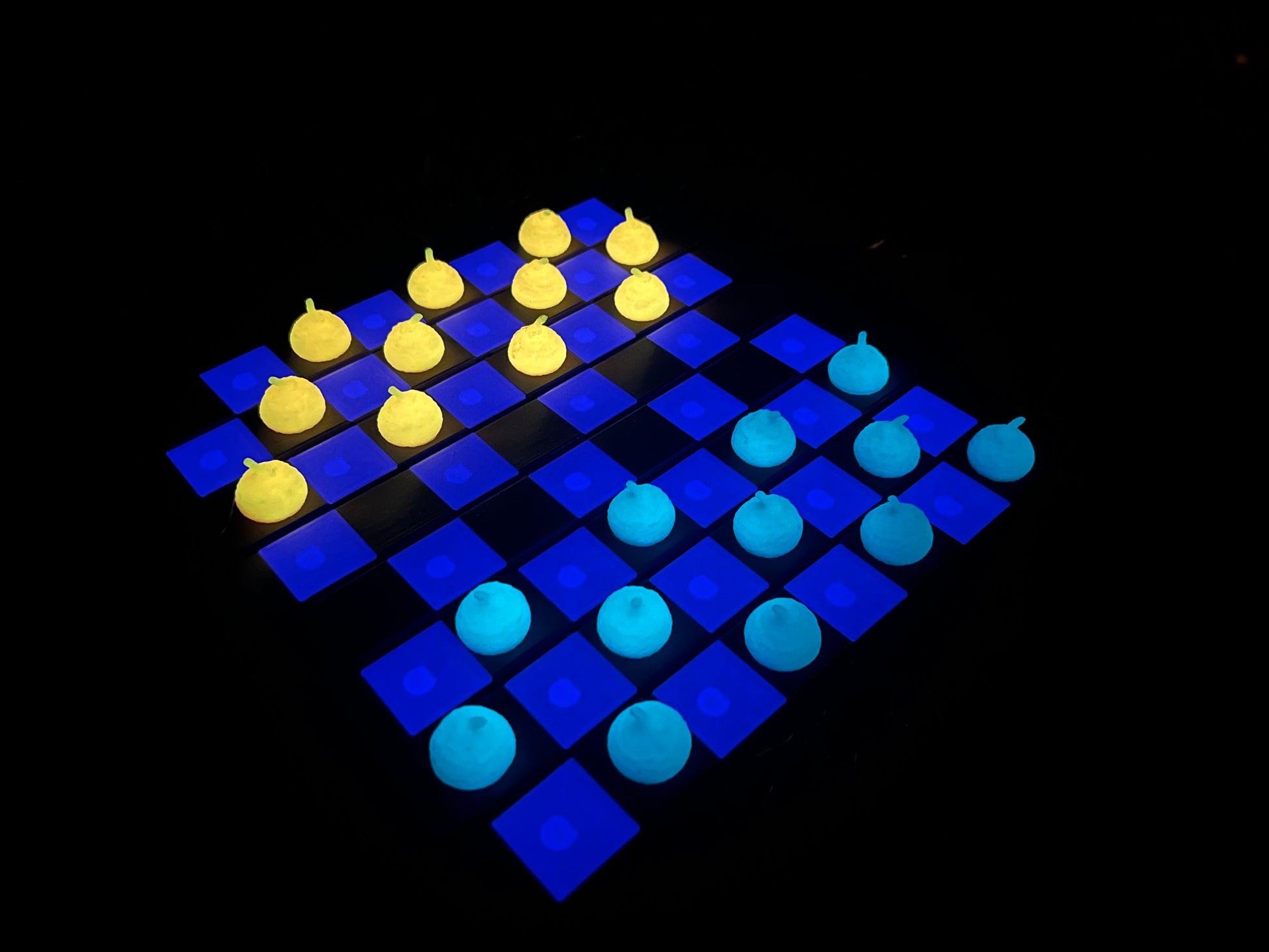Shimmery Purple Wood Log Chess Board with Mushroom Chess Set Pieces and Acorn Checkers: Glow in the Dark portable chess game