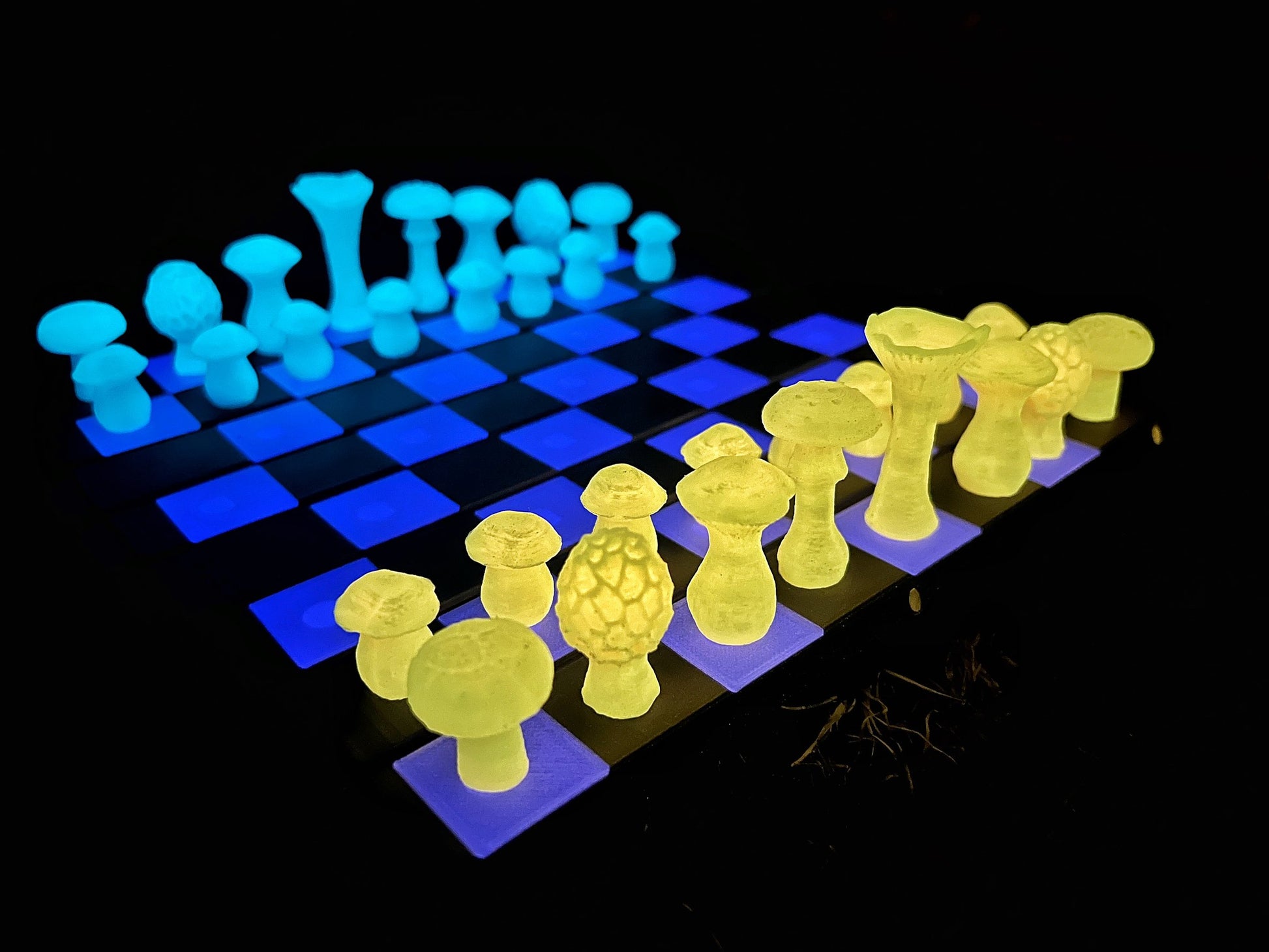 Shimmery Purple Wood Log Chess Board with Mushroom Chess Set Pieces and Acorn Checkers: Glow in the Dark portable chess game
