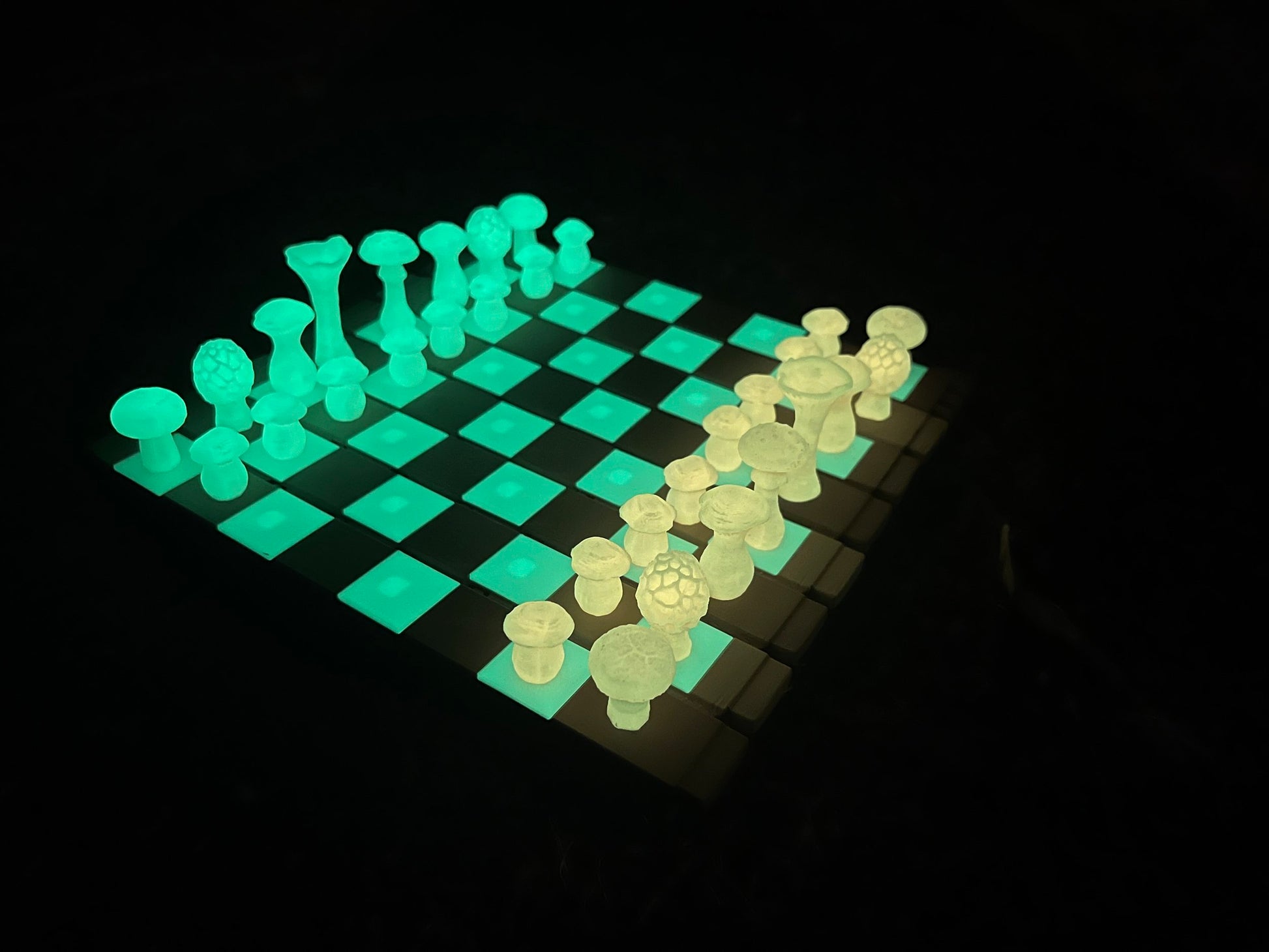 Wood Log Chess Board with Mushroom Chess Set Pieces and Acorn Checkers: Glow in the Dark portable chess game