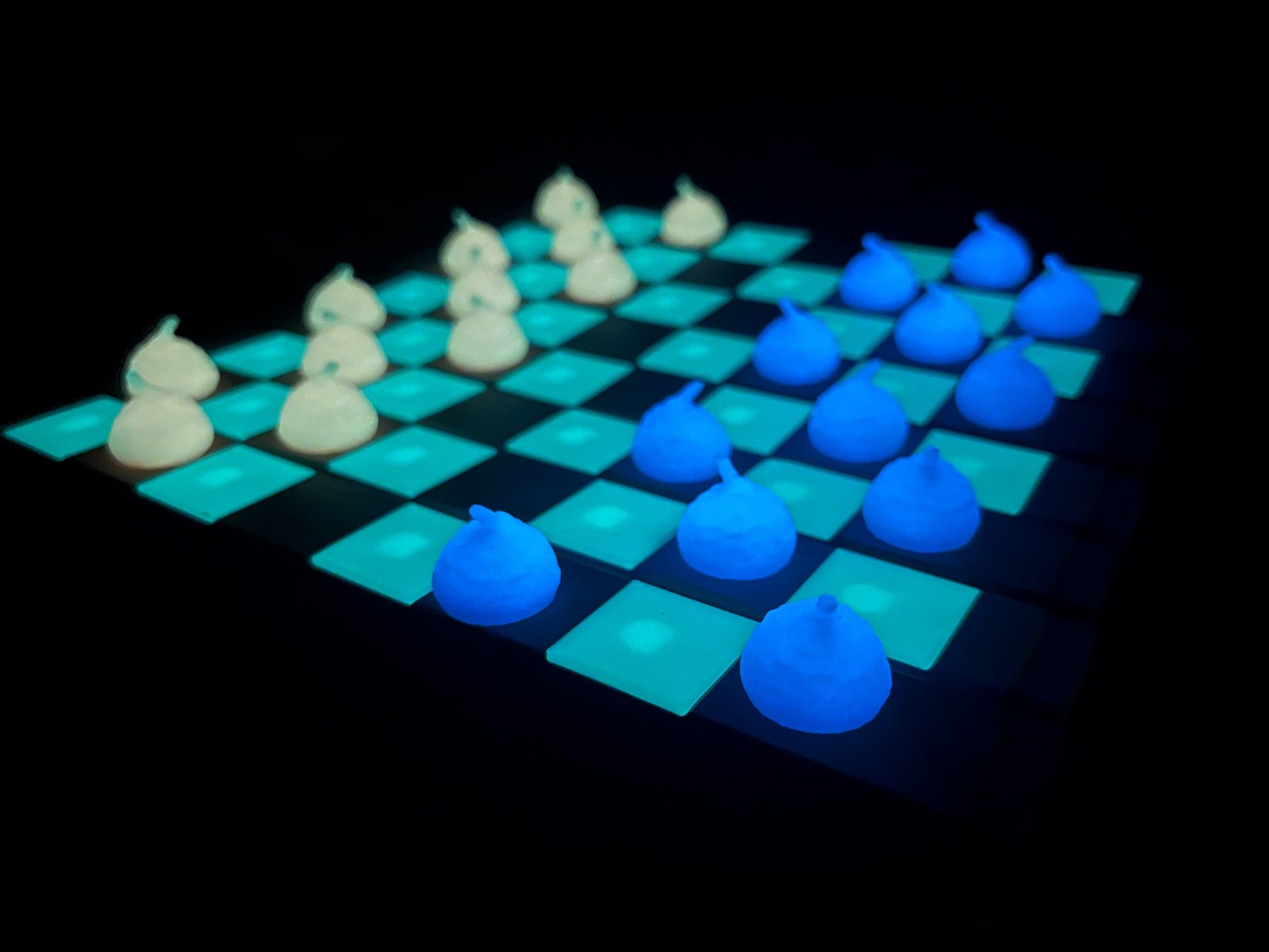 Shimmery Purple Wood Log Chess Board with Mushroom Chess Set Pieces and Acorn Checkers: Glow in the Dark portable chess game