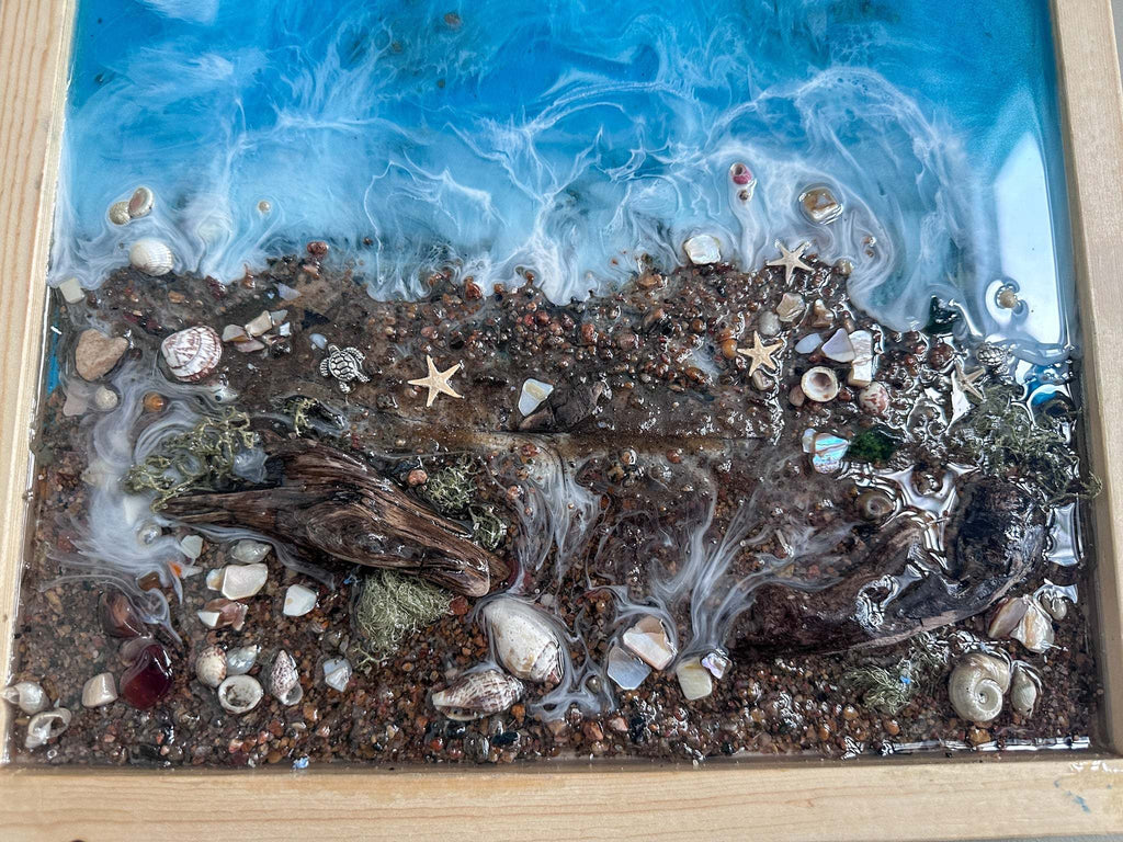 Ocean Dreamscape - Décoration murale 3D faite à la main avec du vrai sable et des coquillages