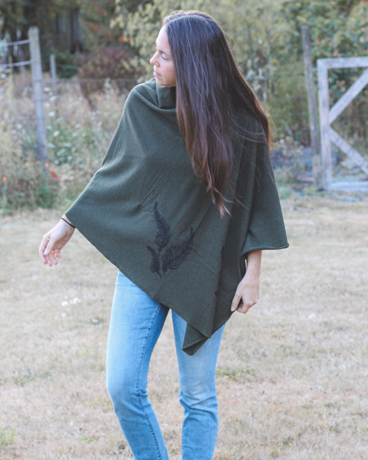 Forest Green Poncho with Fern Print