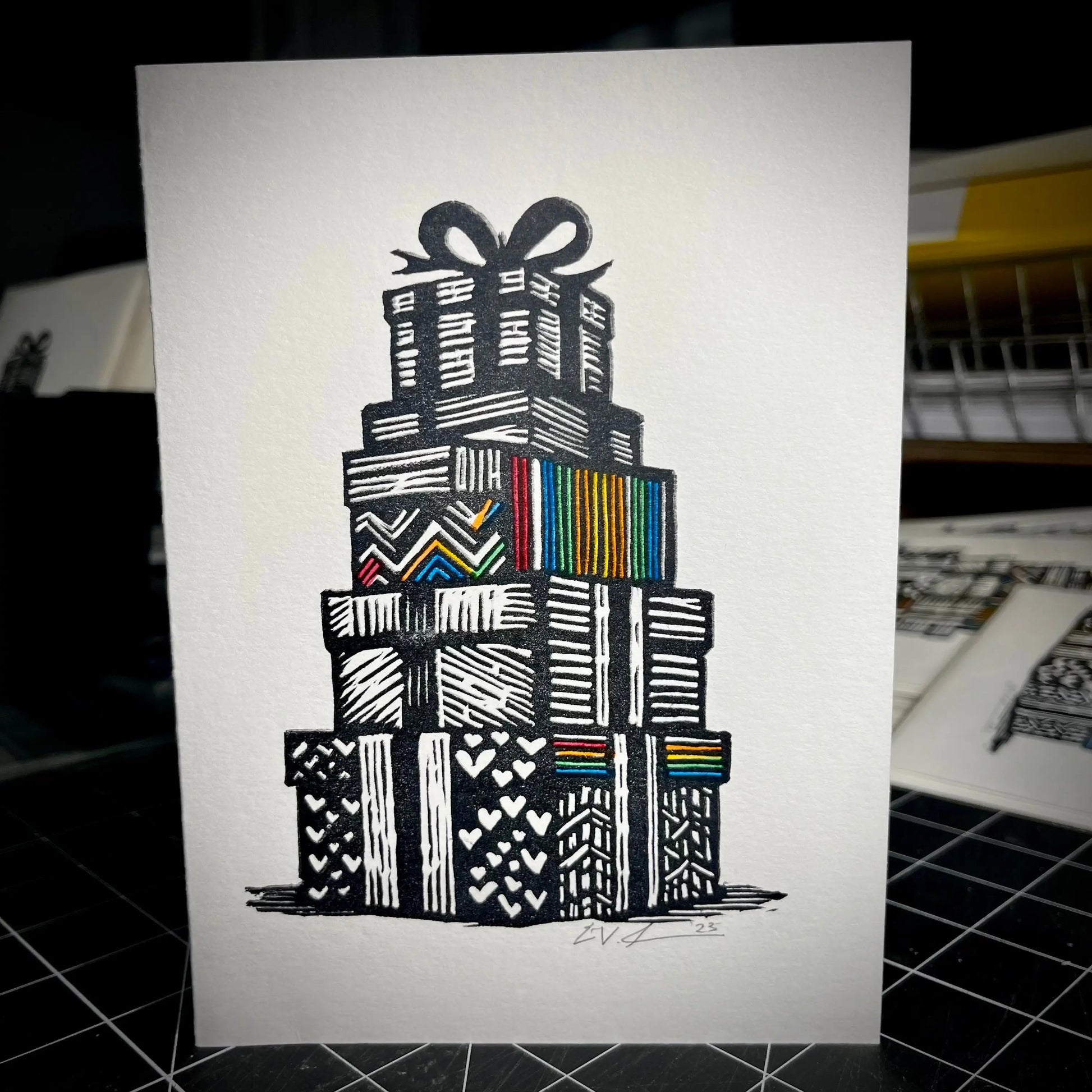 Rainbow Presents Holiday Card | LINOCUT CARD