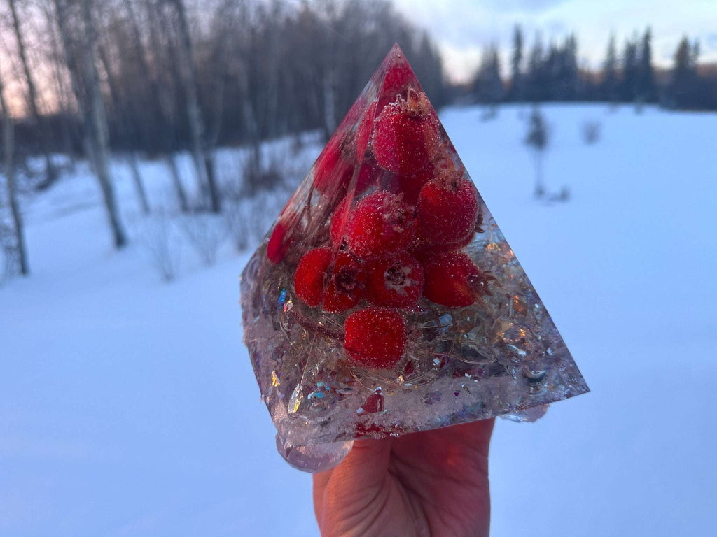 Handcrafted Vibrant Red Berry Resin Pyramid with LED Lights Home Decor