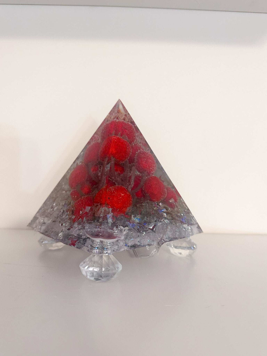 Handcrafted Vibrant Red Berry Resin Pyramid with LED Lights Home Decor