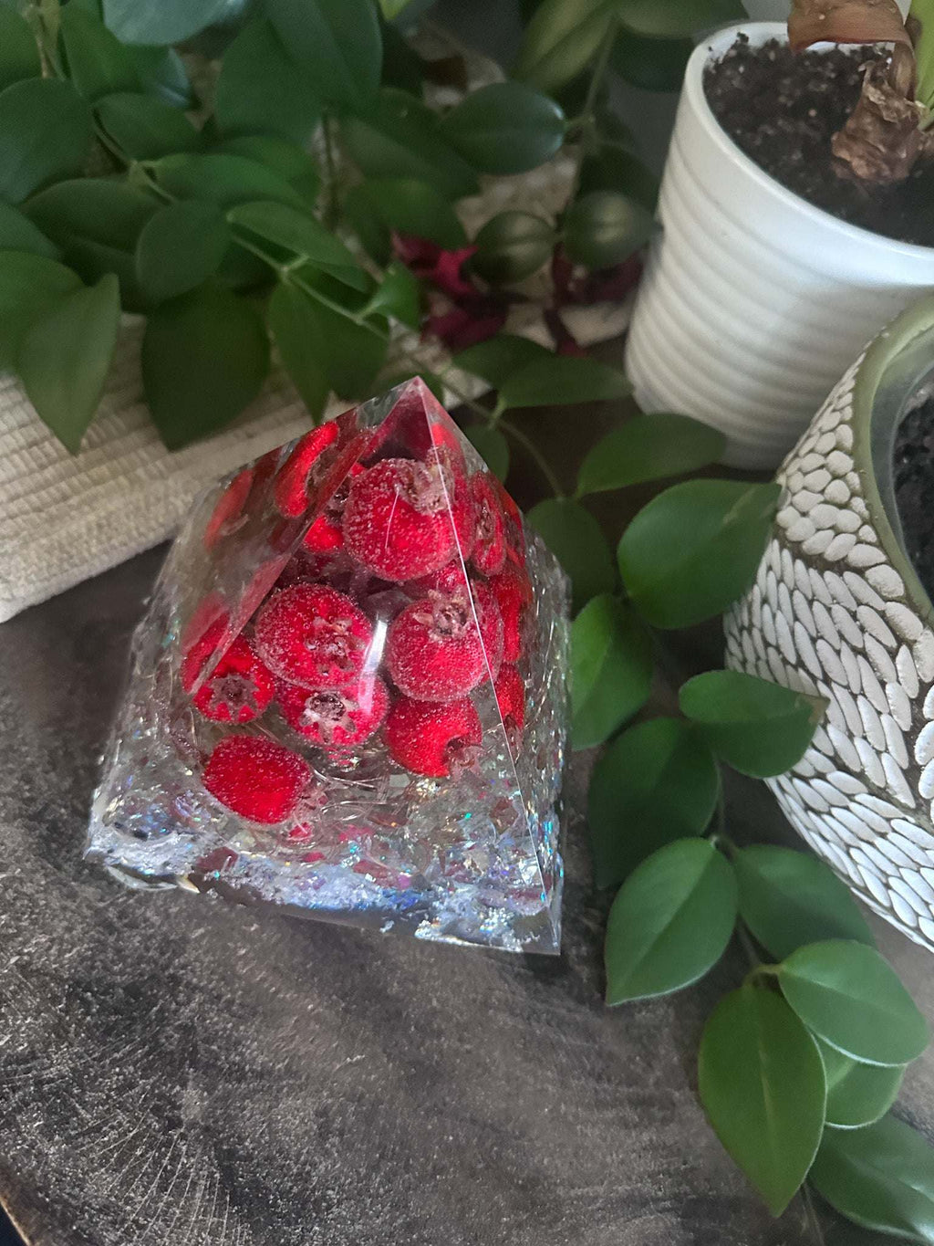 Handcrafted Vibrant Red Berry Resin Pyramid with LED Lights Home Decor