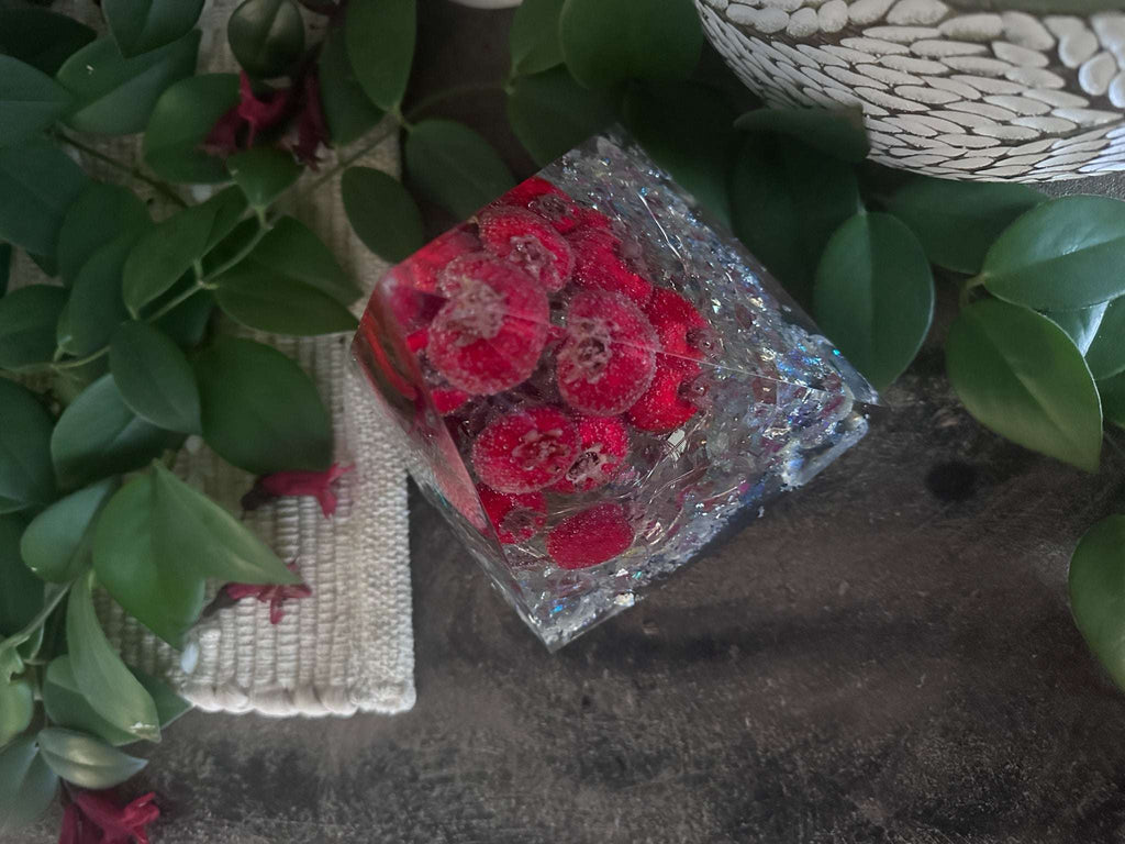 Handcrafted Vibrant Red Berry Resin Pyramid with LED Lights Home Decor