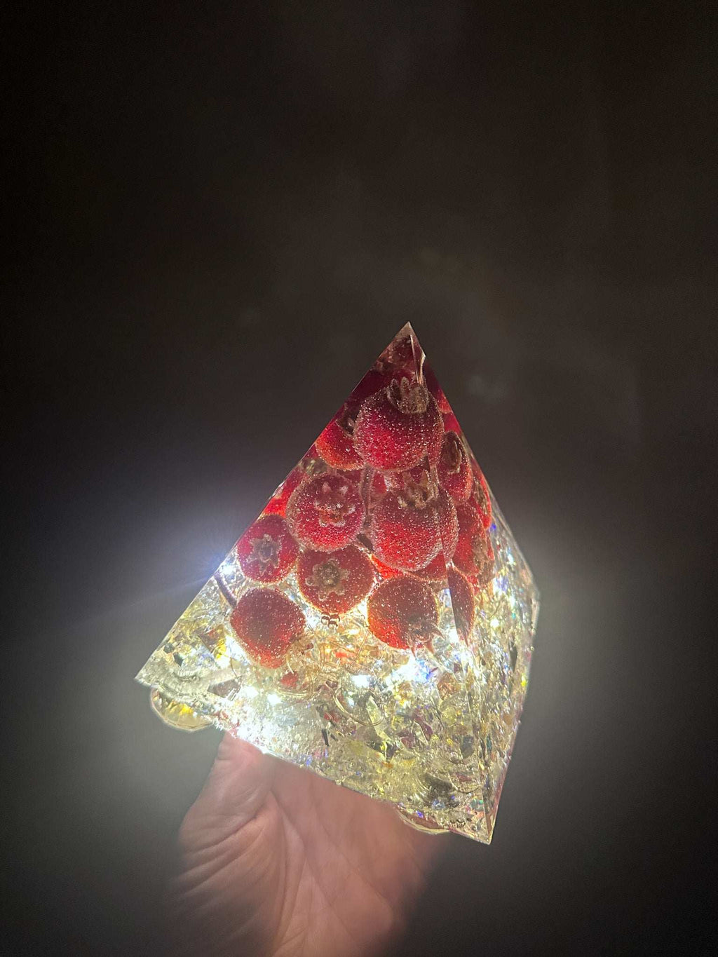 Handcrafted Vibrant Red Berry Resin Pyramid with LED Lights Home Decor