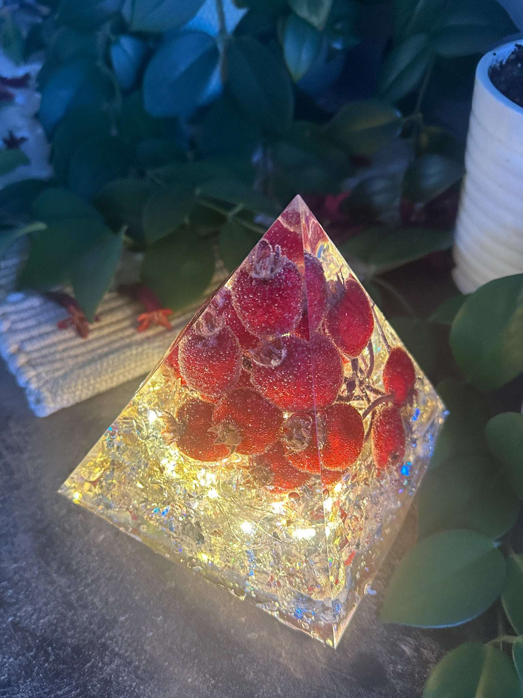 Handcrafted Vibrant Red Berry Resin Pyramid with LED Lights Home Decor