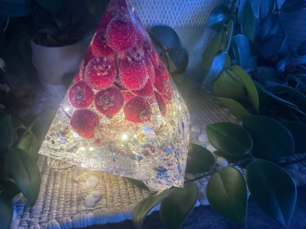 Handcrafted Vibrant Red Berry Resin Pyramid with LED Lights Home Decor