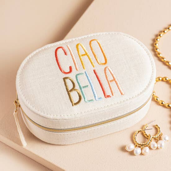 Embroidered 'Ciao Bella' Oval Travel Jewellery Case