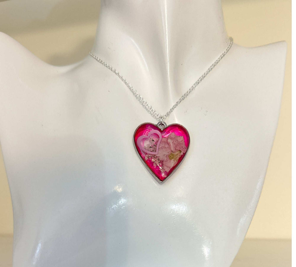 Floral Resin Heart Jewelry Set - Pretty in Pink Flower Necklace Set