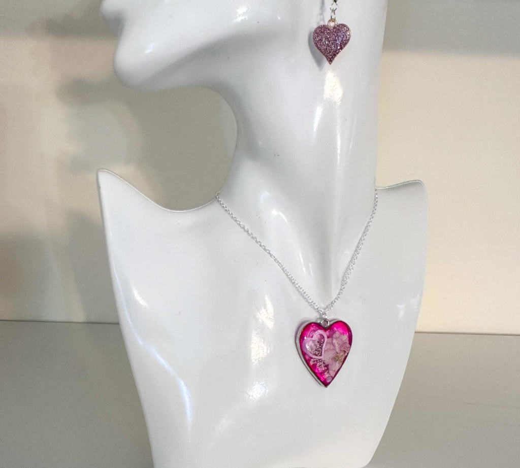 Floral Resin Heart Jewelry Set - Pretty in Pink Flower Necklace Set