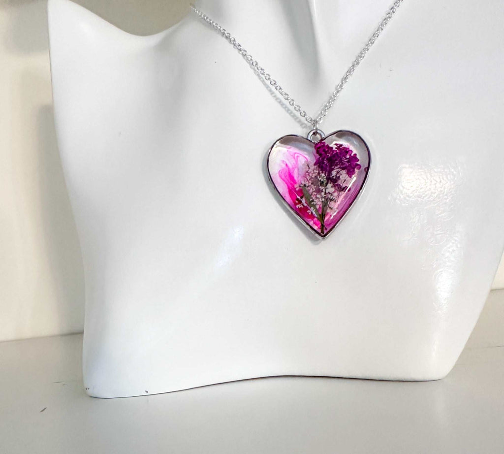 Floral Resin Heart Jewelry Set - Pretty in Pink Flower Necklace Set