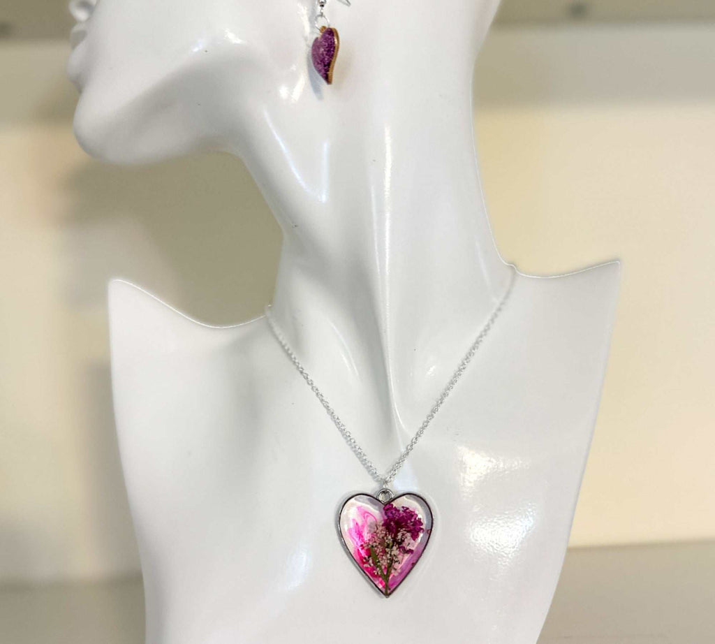 Floral Resin Heart Jewelry Set - Pretty in Pink Flower Necklace Set