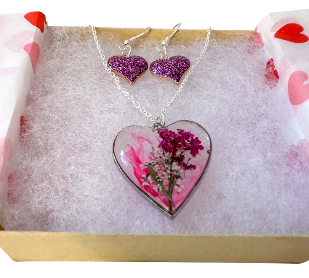 Floral Resin Heart Jewelry Set - Pretty in Pink Flower Necklace Set