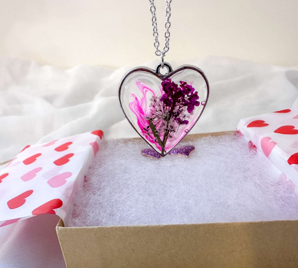 Floral Resin Heart Jewelry Set - Pretty in Pink Flower Necklace Set